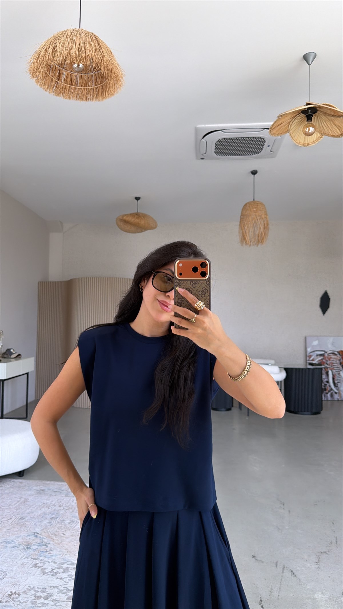 Lacivert Vatkalı Etek Bluz Takım