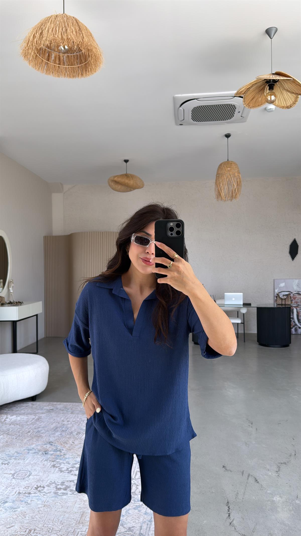 Lacivert Yakalı Bürümcük Şort Bluz Takım