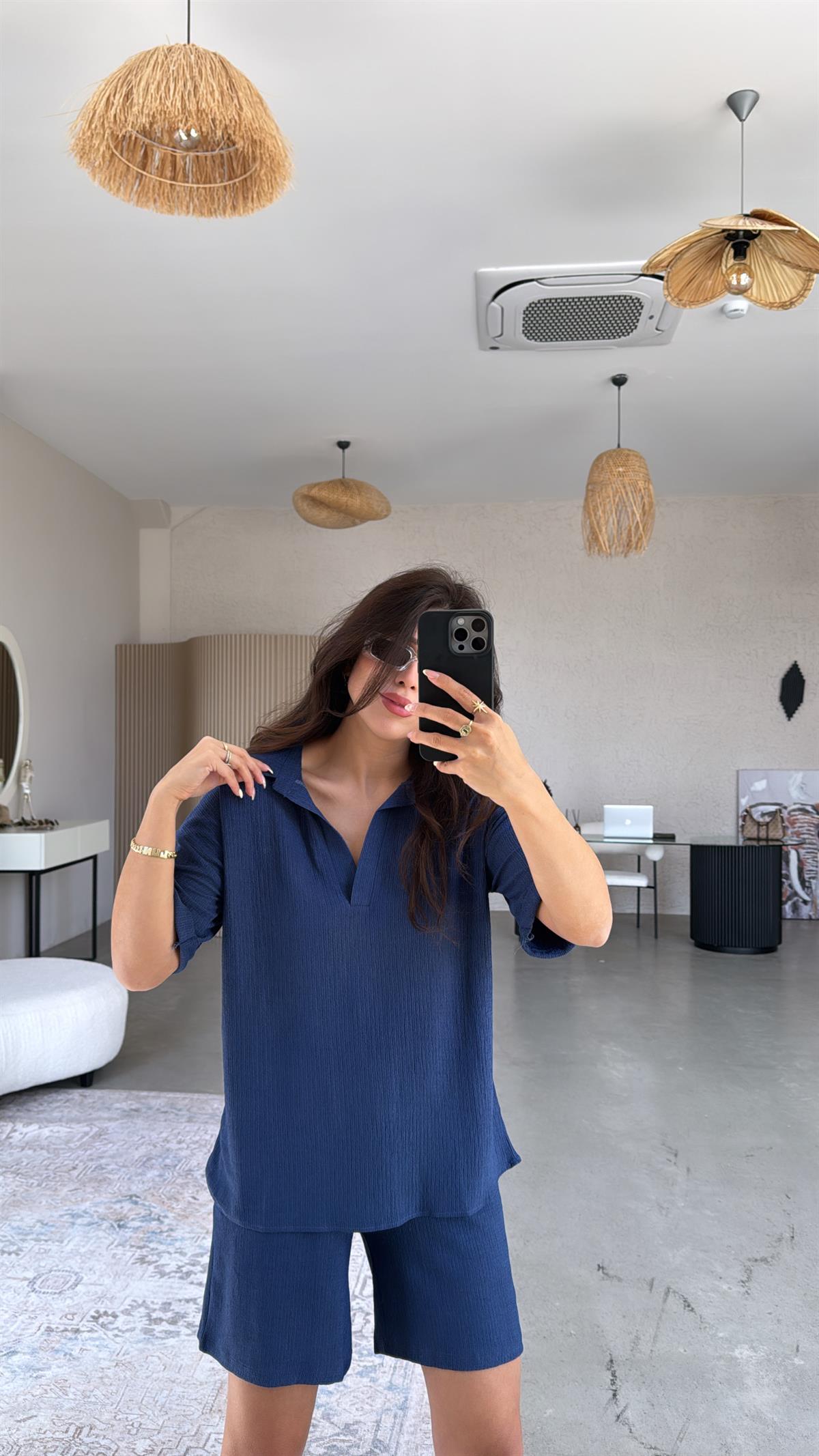 Lacivert Yakalı Bürümcük Şort Bluz Takım