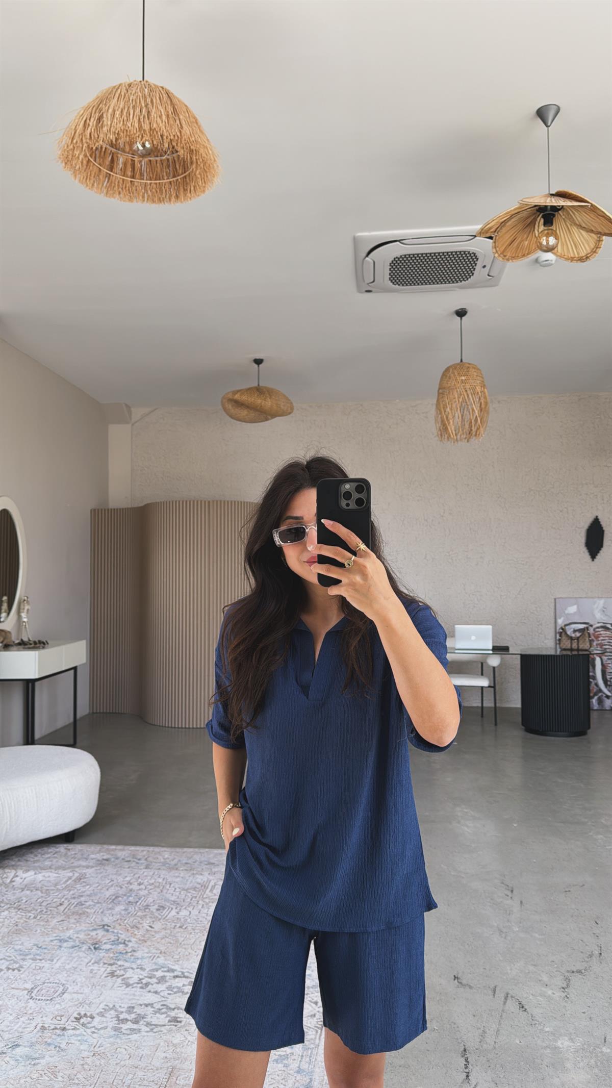 Lacivert Yakalı Bürümcük Şort Bluz Takım