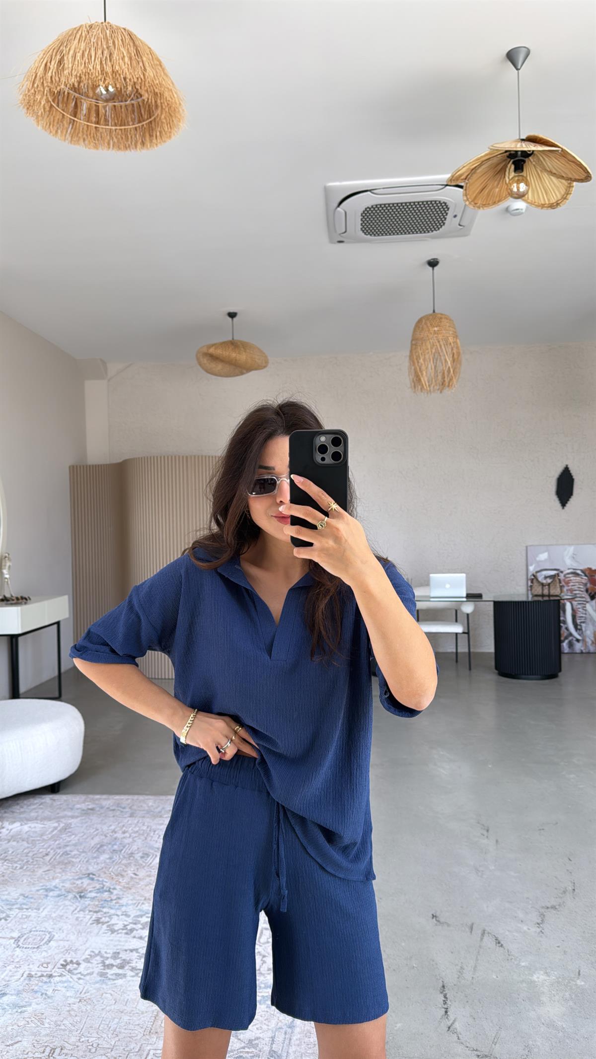 Lacivert Yakalı Bürümcük Şort Bluz Takım