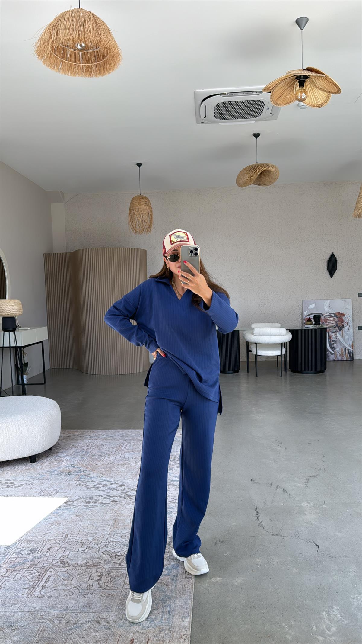 Lacivert Yakalı Modal Kumaş Takım