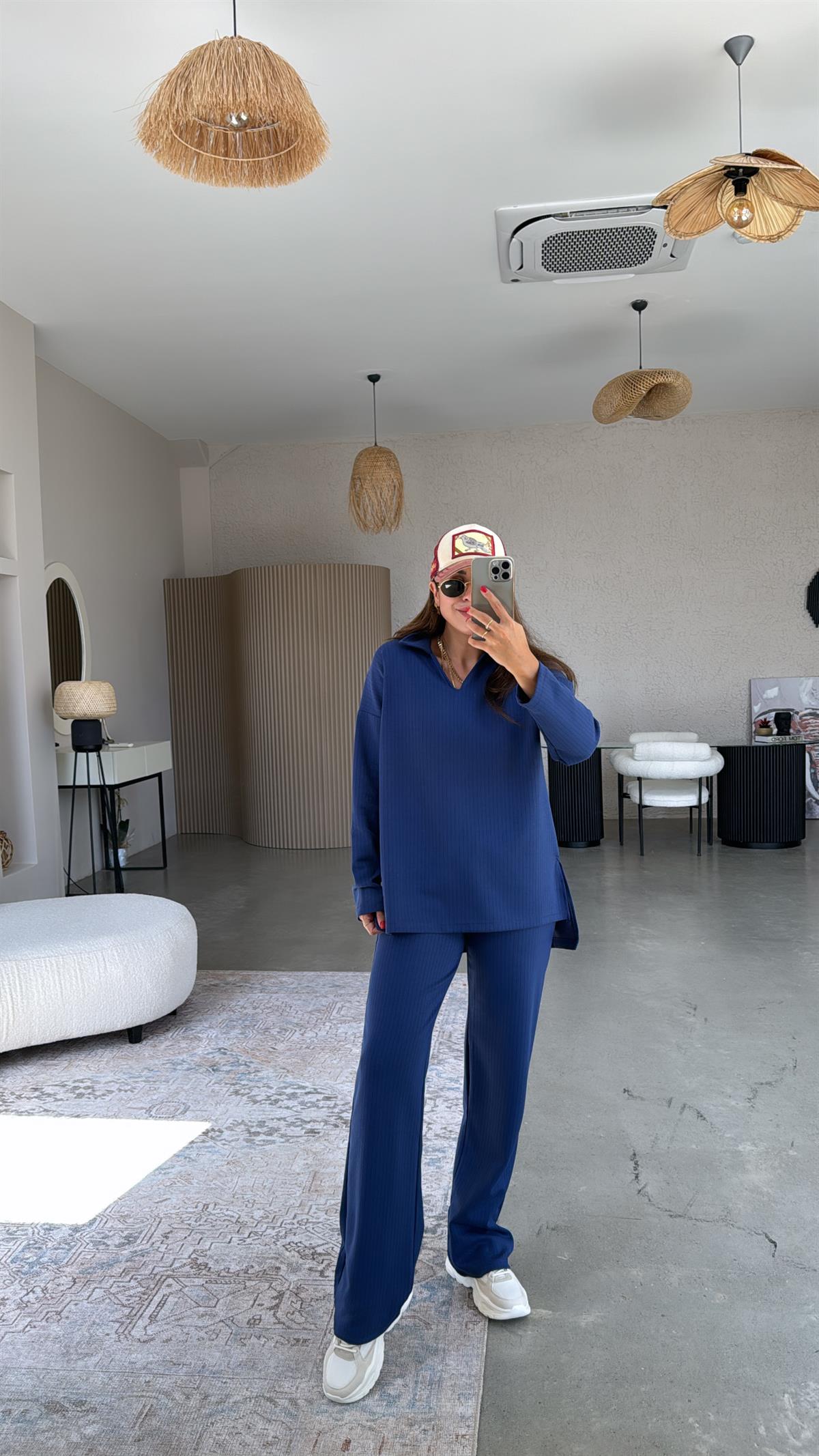 Lacivert Yakalı Modal Kumaş Takım