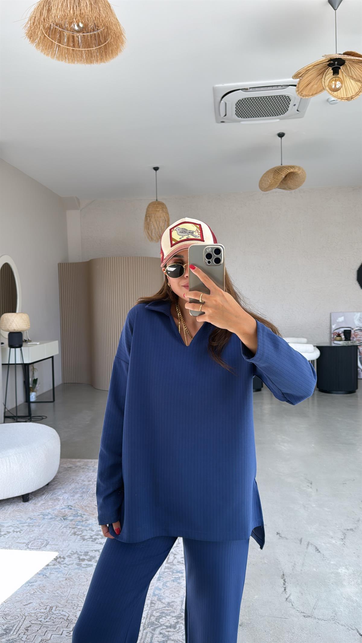 Lacivert Yakalı Modal Kumaş Takım