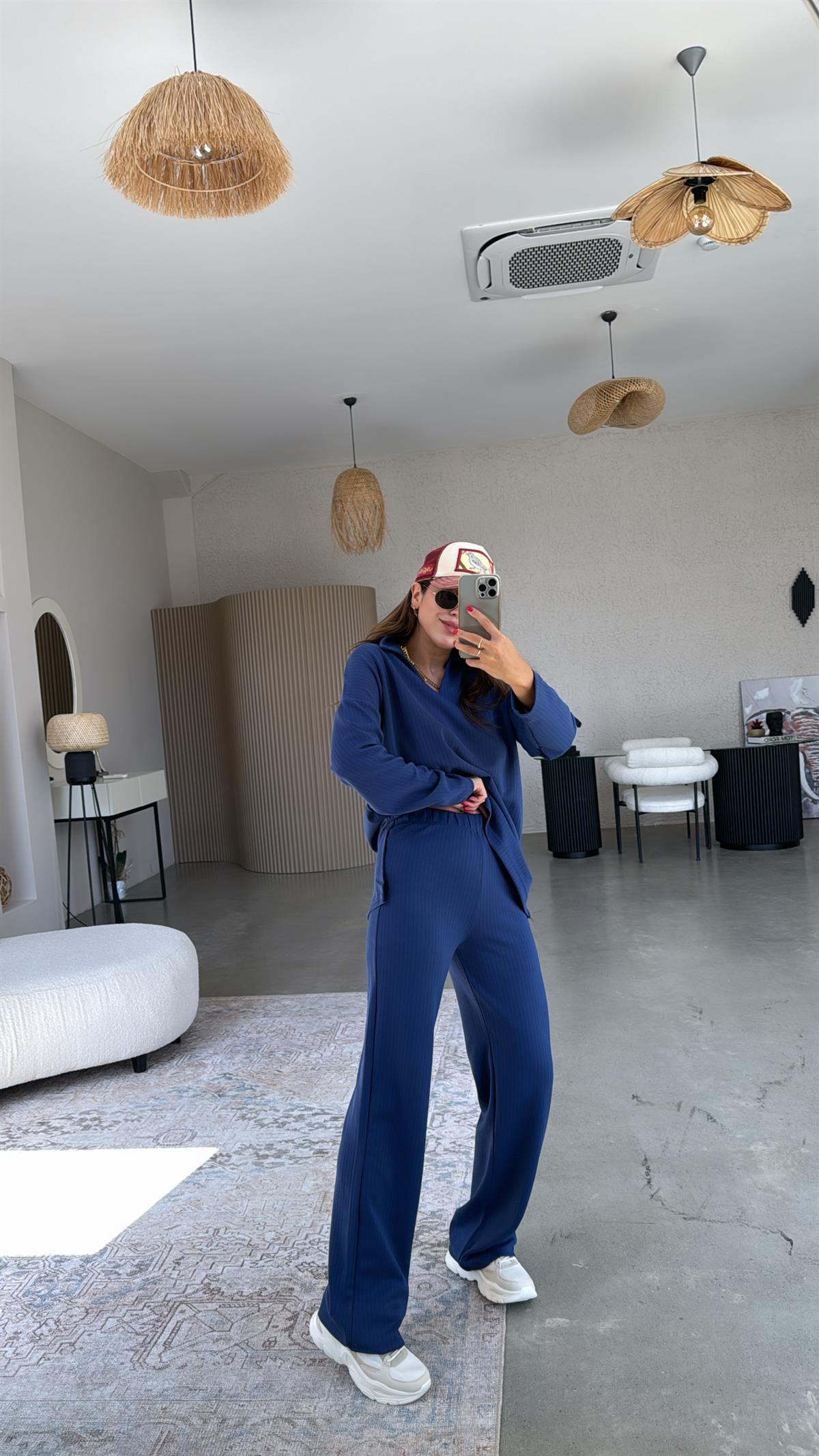 Lacivert Yakalı Modal Kumaş Takım