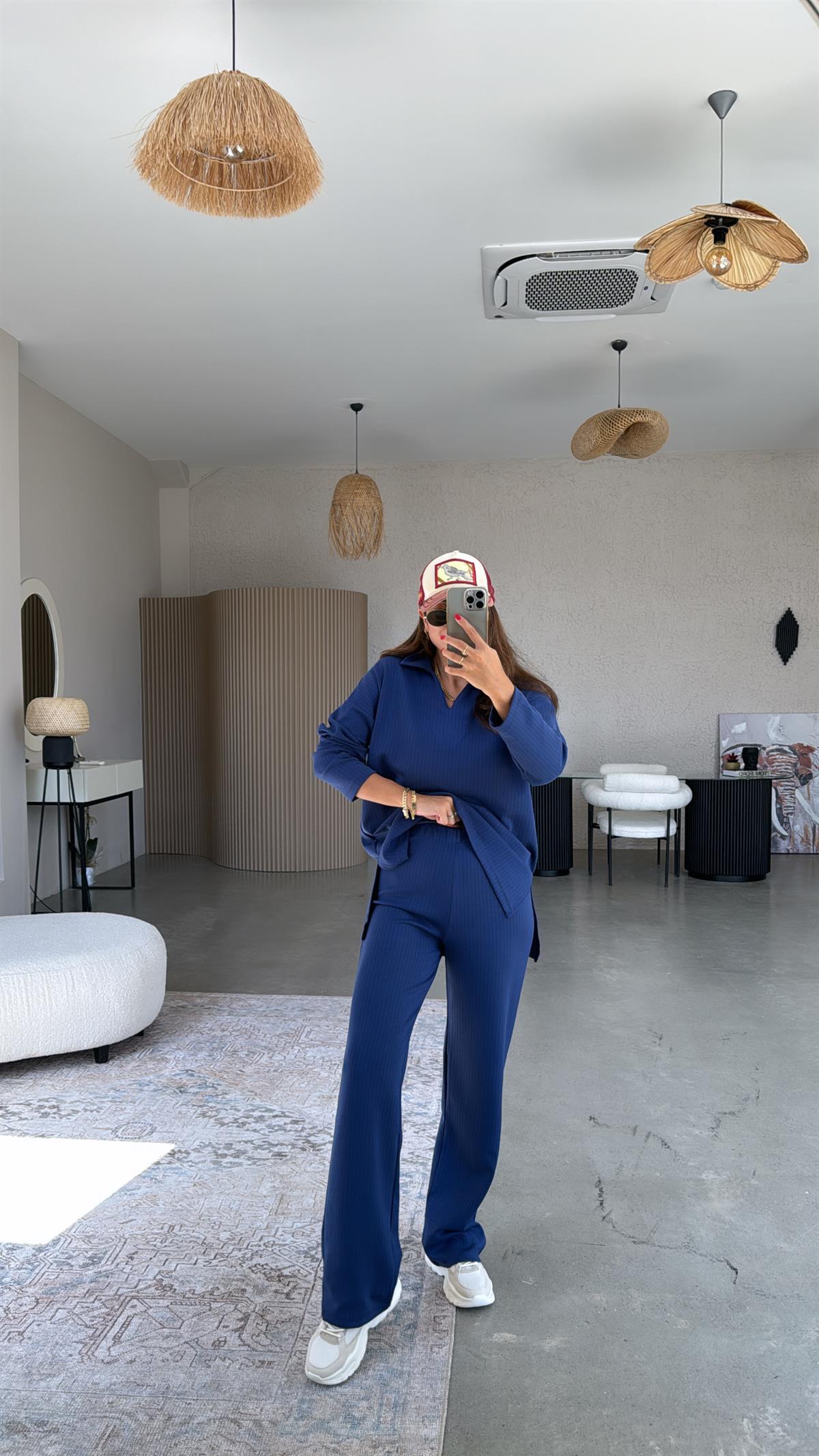 Lacivert Yakalı Modal Kumaş Takım