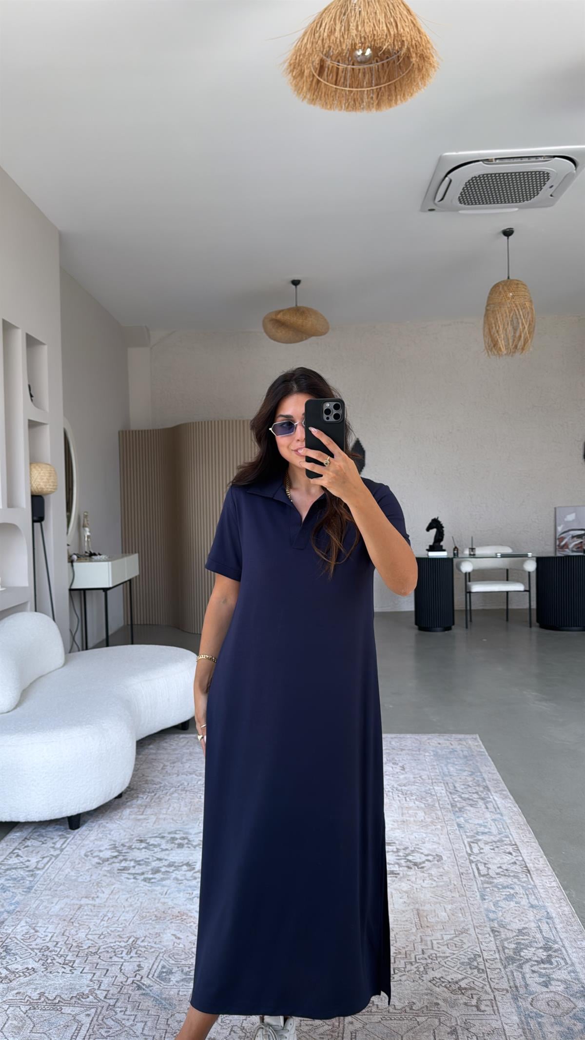 Lacivert Yakalı Uzun Modal Elbise