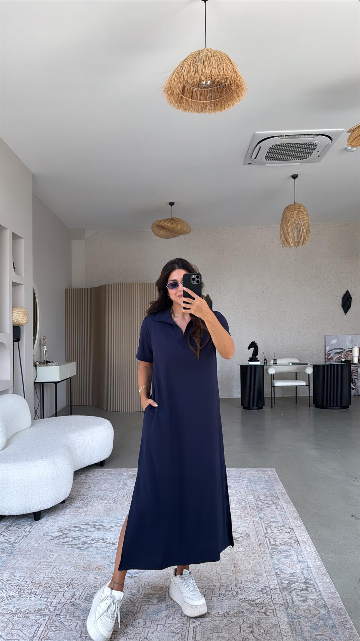 Lacivert Yakalı Uzun Modal Elbise