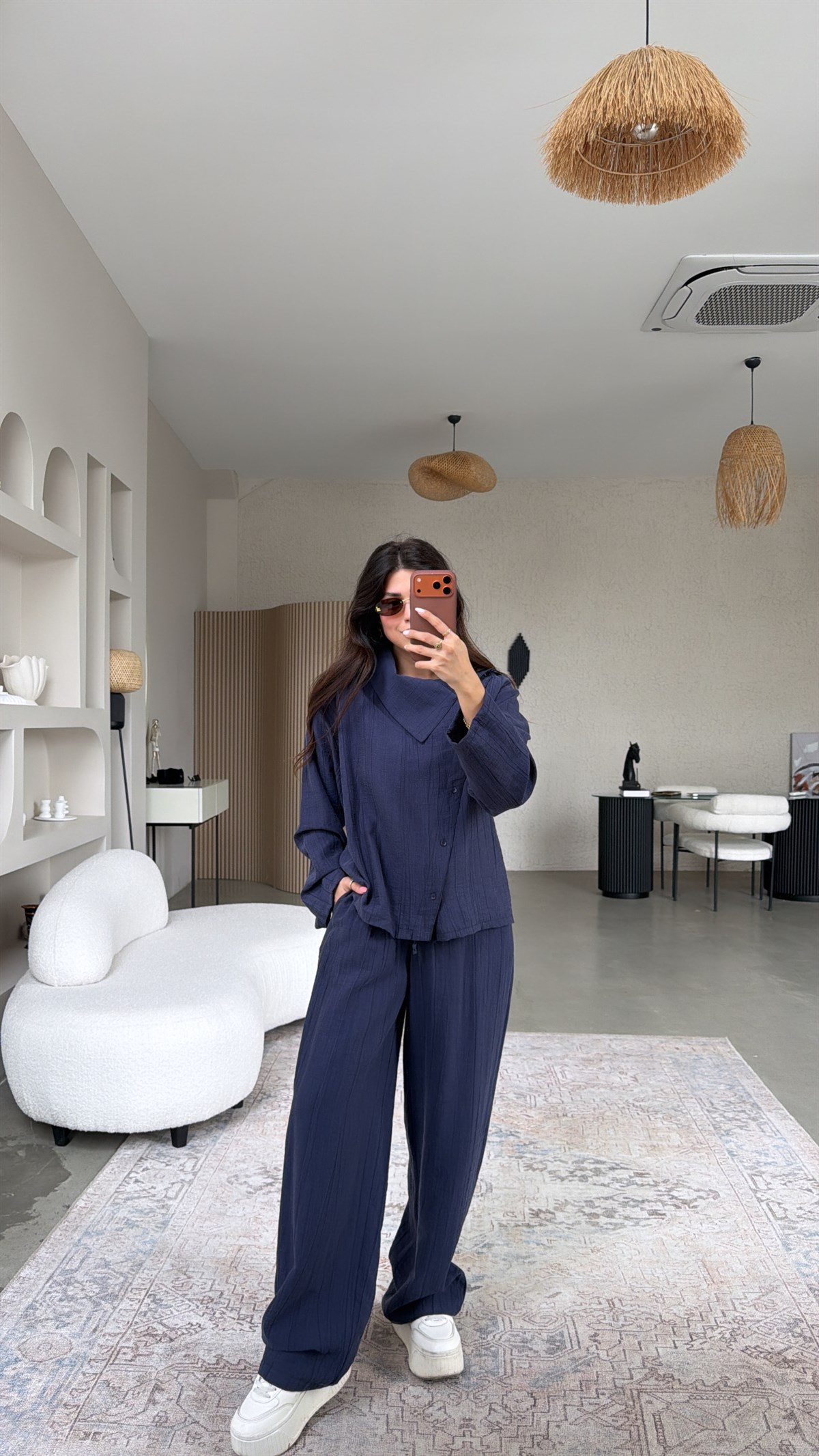 Lacivert Yan Düğmeli Gömlek Pantolon Takım