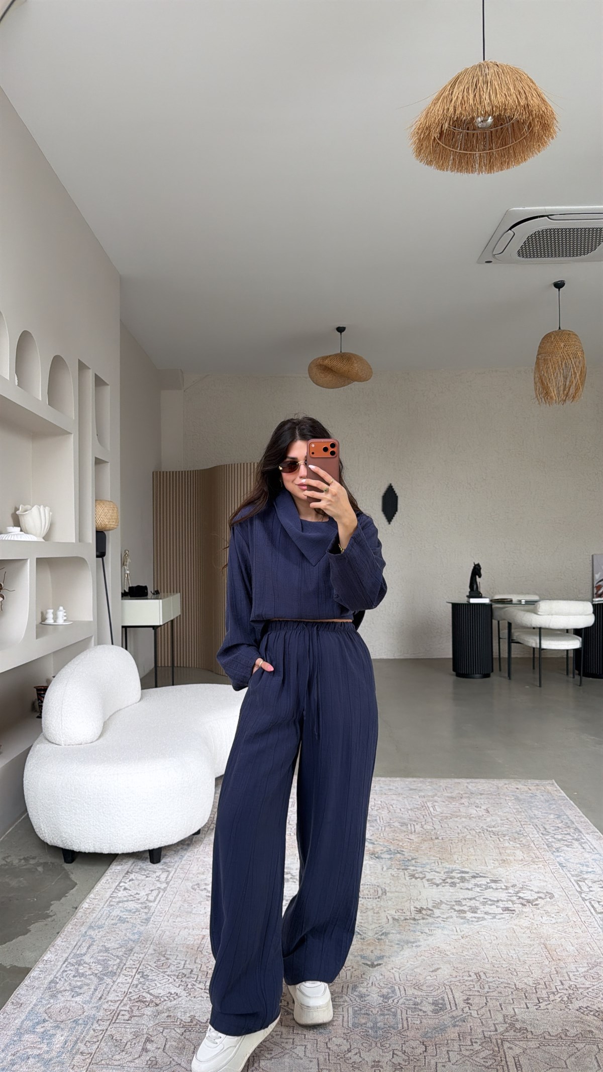 Lacivert Yan Düğmeli Gömlek Pantolon Takım