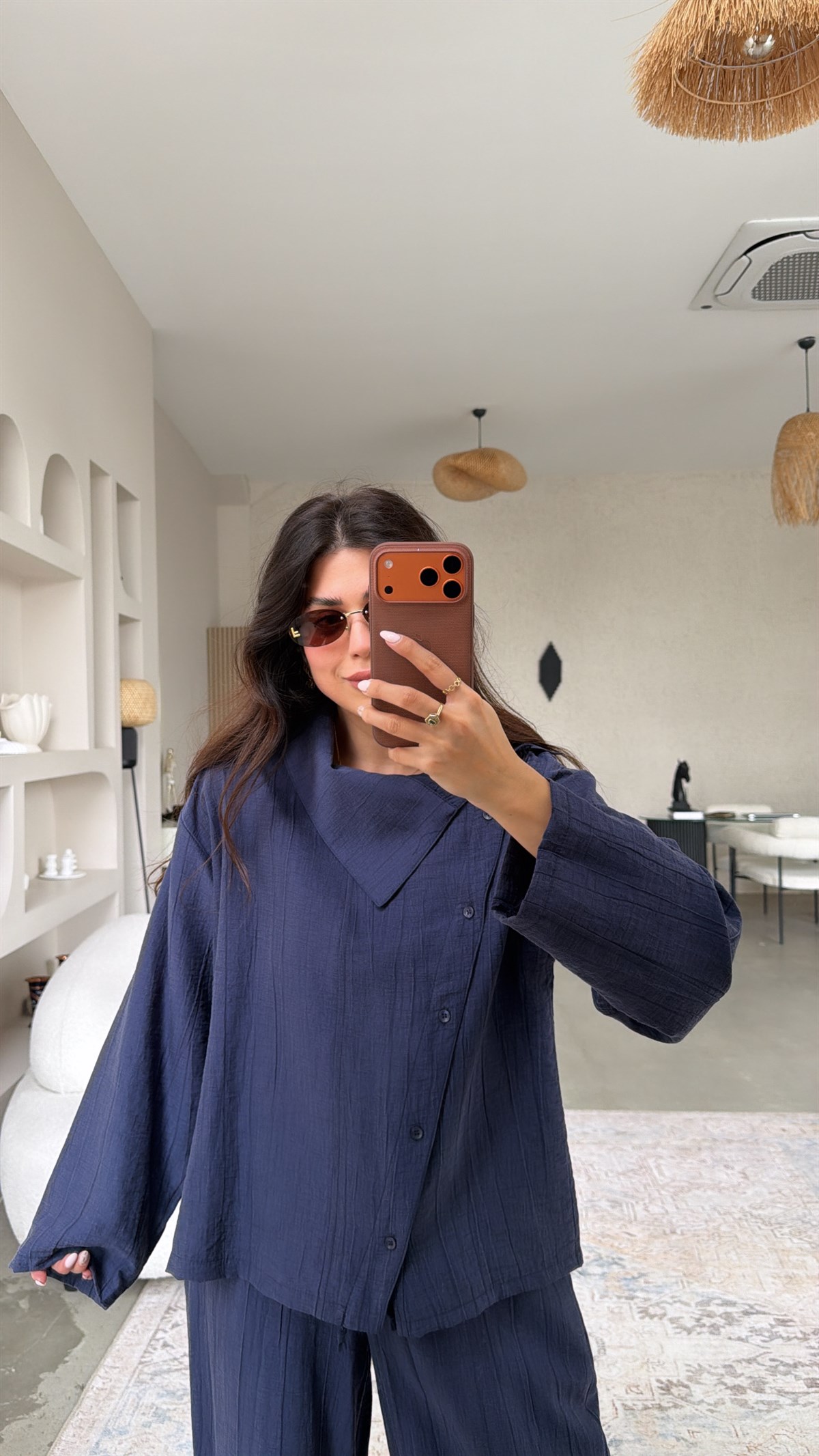 Lacivert Yan Düğmeli Gömlek Pantolon Takım