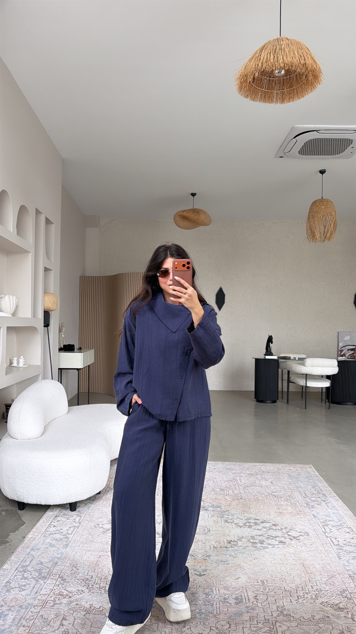 Lacivert Yan Düğmeli Gömlek Pantolon Takım