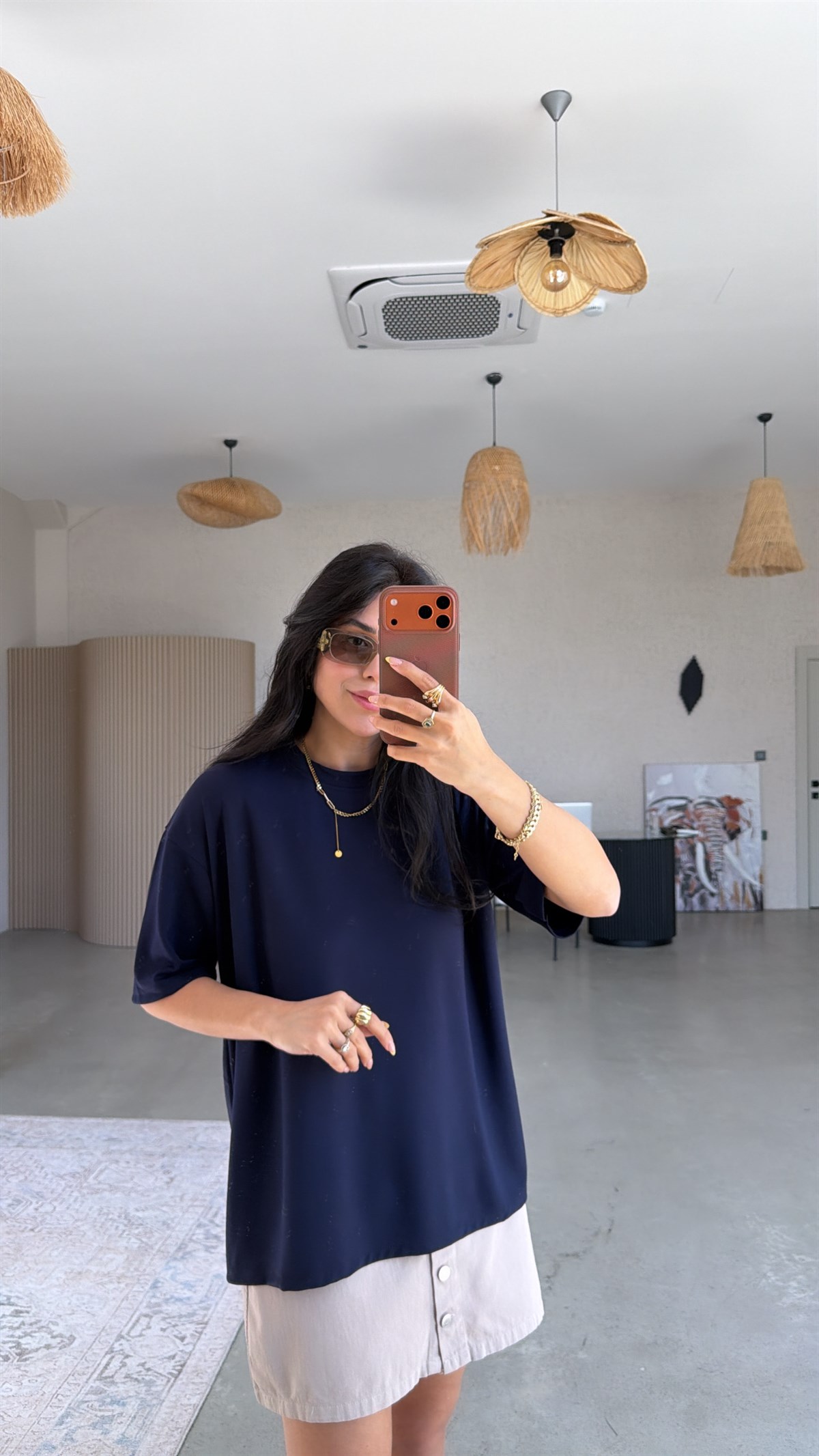 Lacivert Yanı Minik Yırtmaçlı Oversize Modal Tshirt