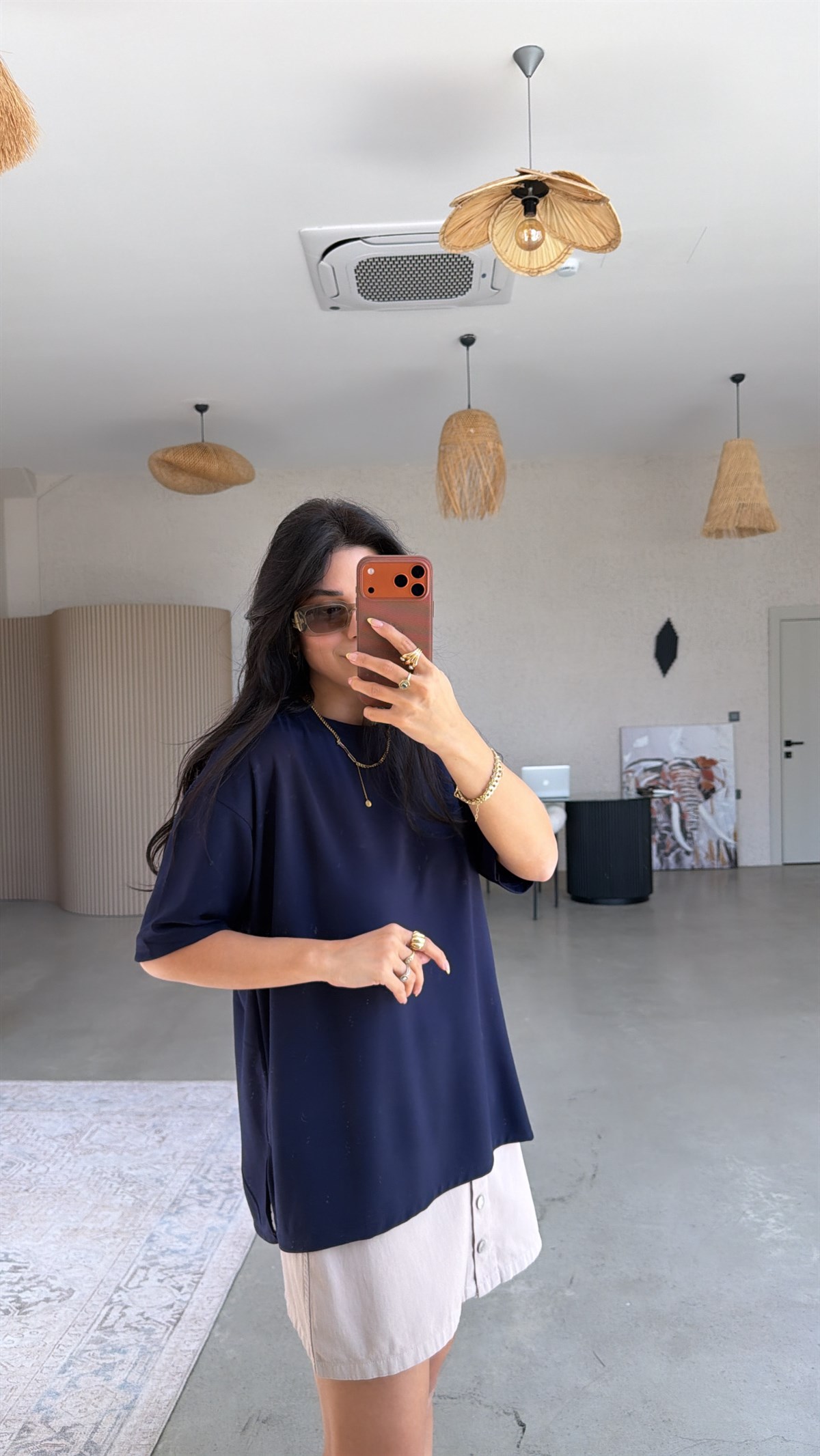 Lacivert Yanı Minik Yırtmaçlı Oversize Modal Tshirt