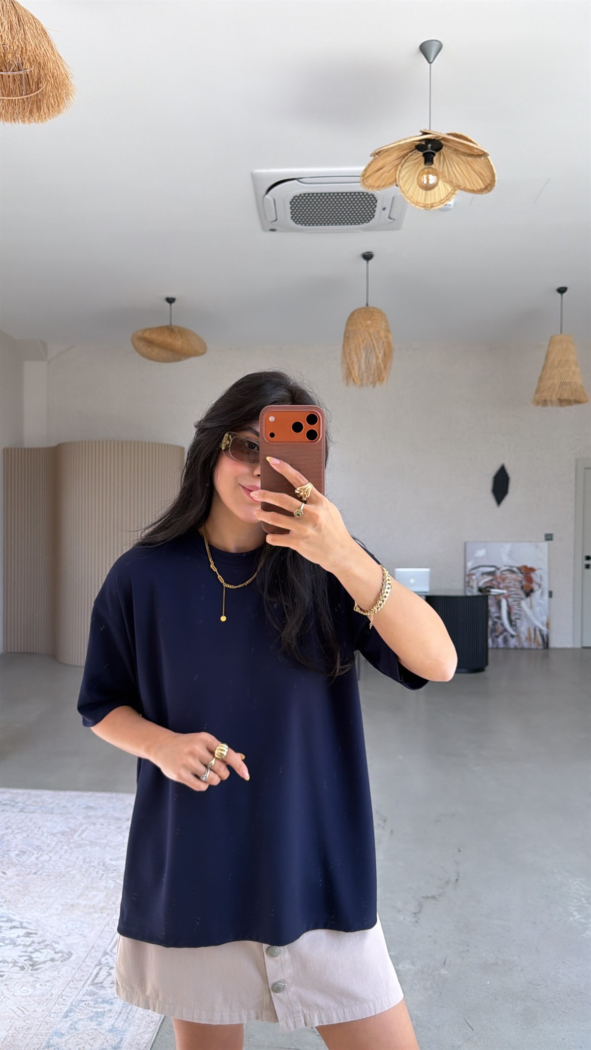 Lacivert Yanı Minik Yırtmaçlı Oversize Modal Tshirt