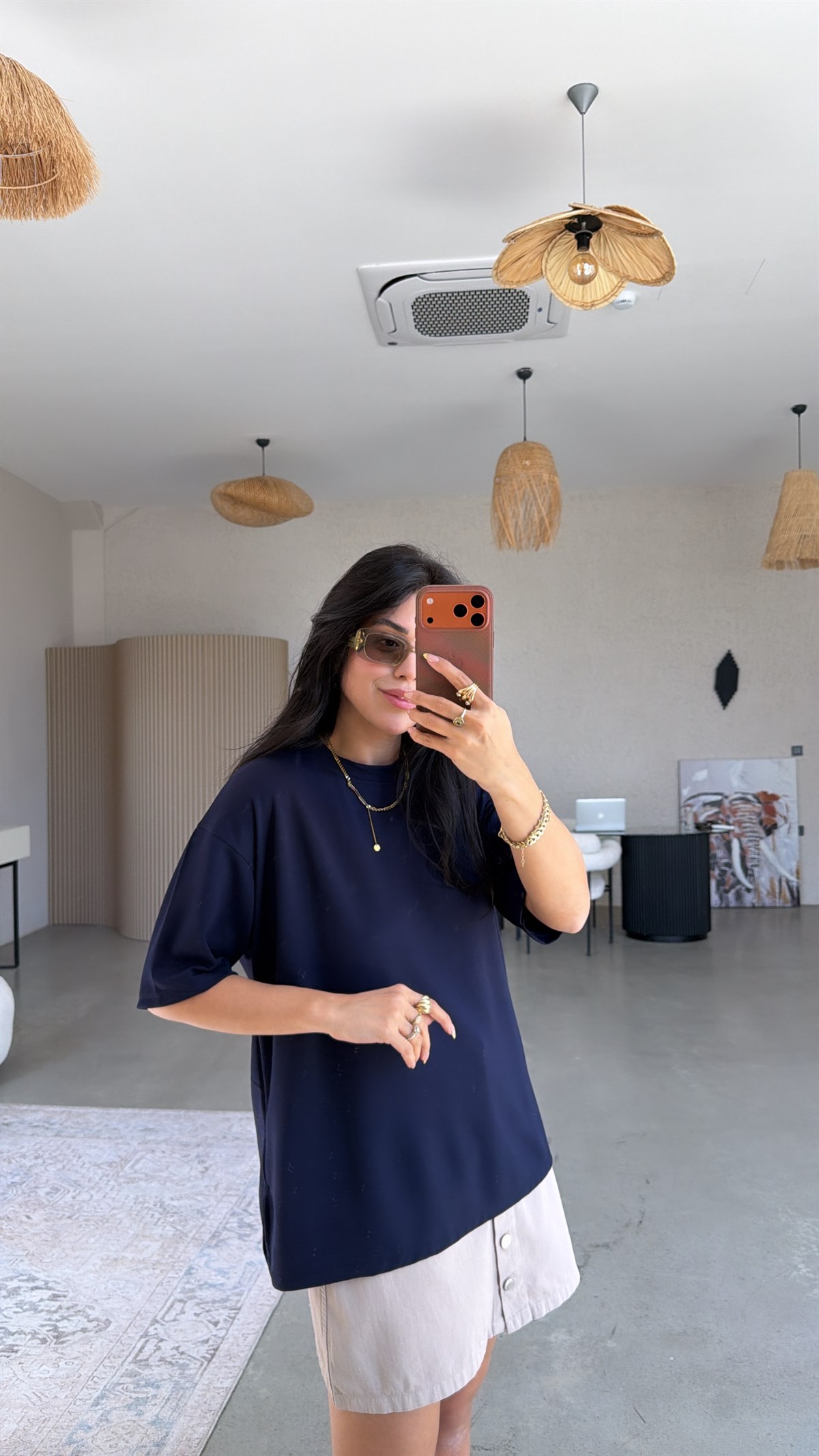 Lacivert Yanı Minik Yırtmaçlı Oversize Modal Tshirt