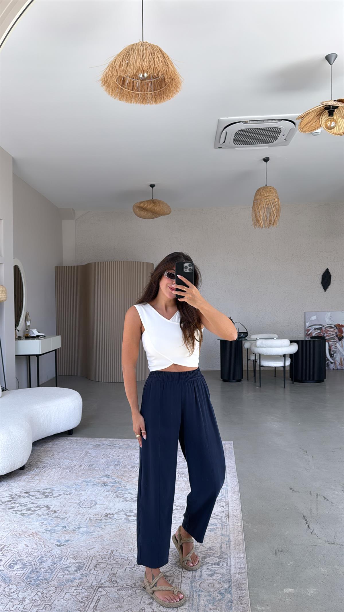 Lacivert Yıkamalı Beli Lastikli Kumaş Pantolon