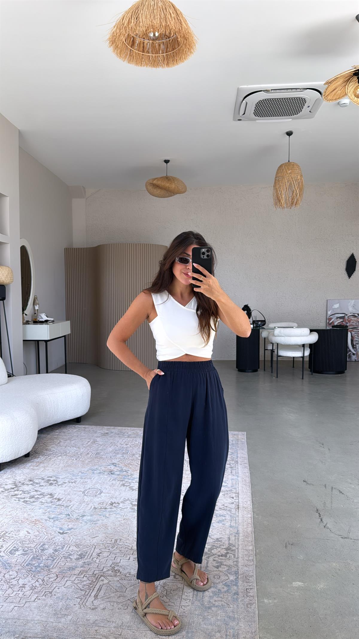 Lacivert Yıkamalı Beli Lastikli Kumaş Pantolon