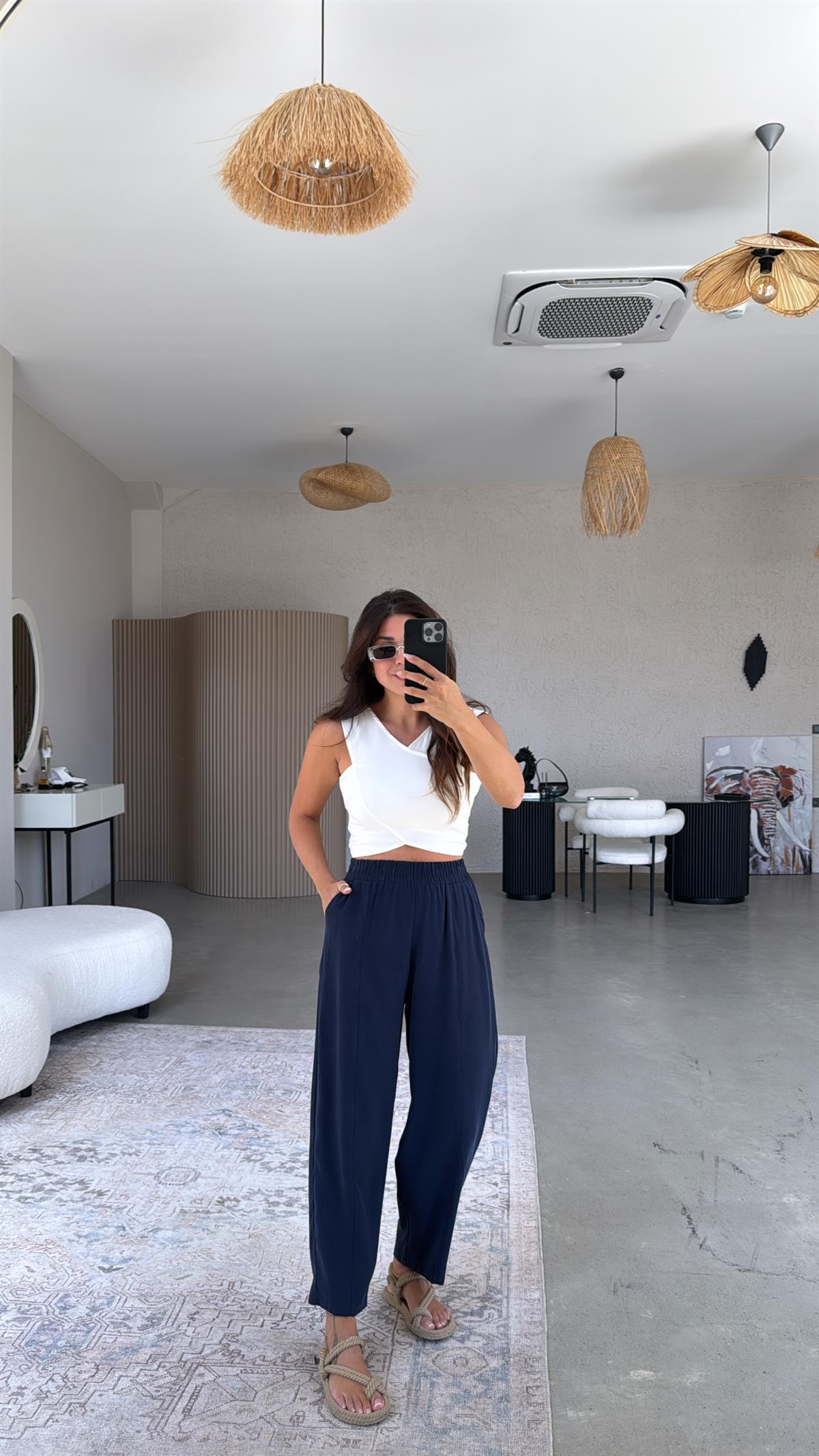 Lacivert Yıkamalı Beli Lastikli Kumaş Pantolon