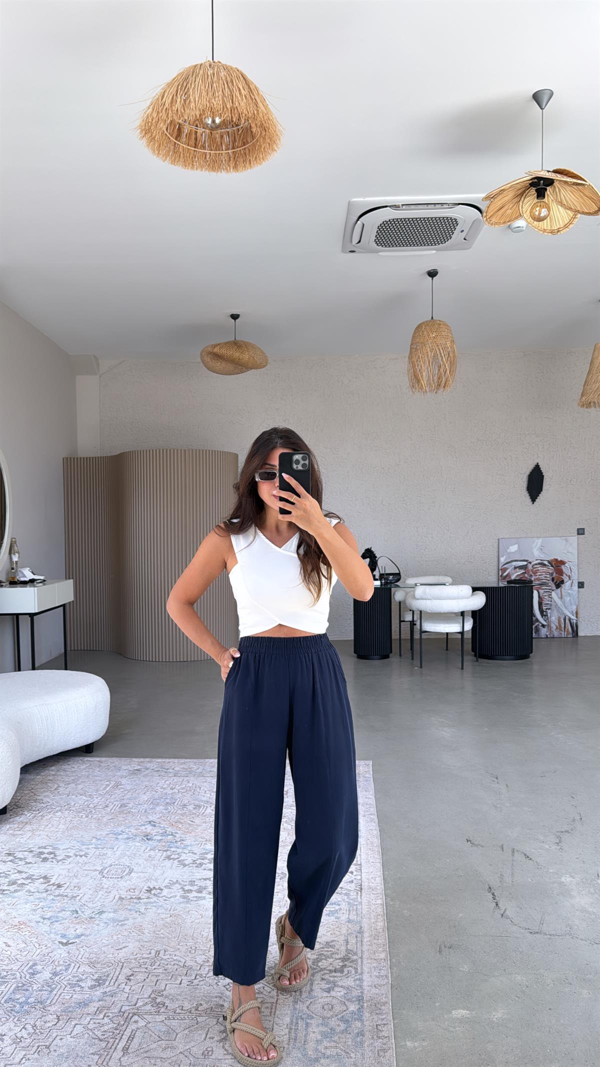 Lacivert Yıkamalı Beli Lastikli Kumaş Pantolon