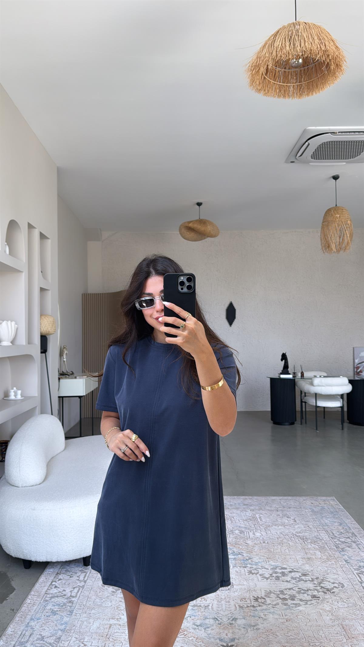 Lacivert Yıkamalı Mini Elbise