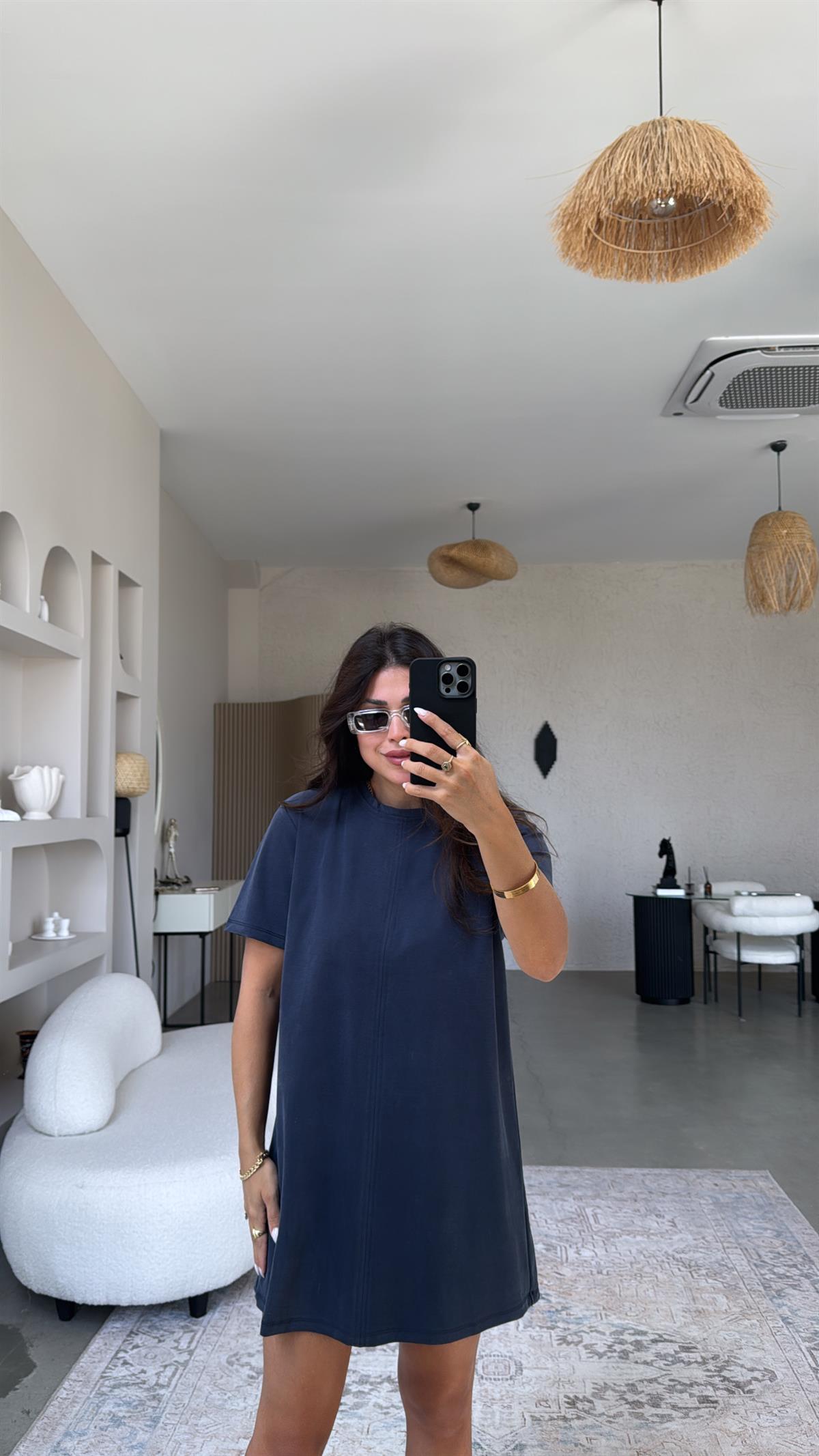 Lacivert Yıkamalı Mini Elbise