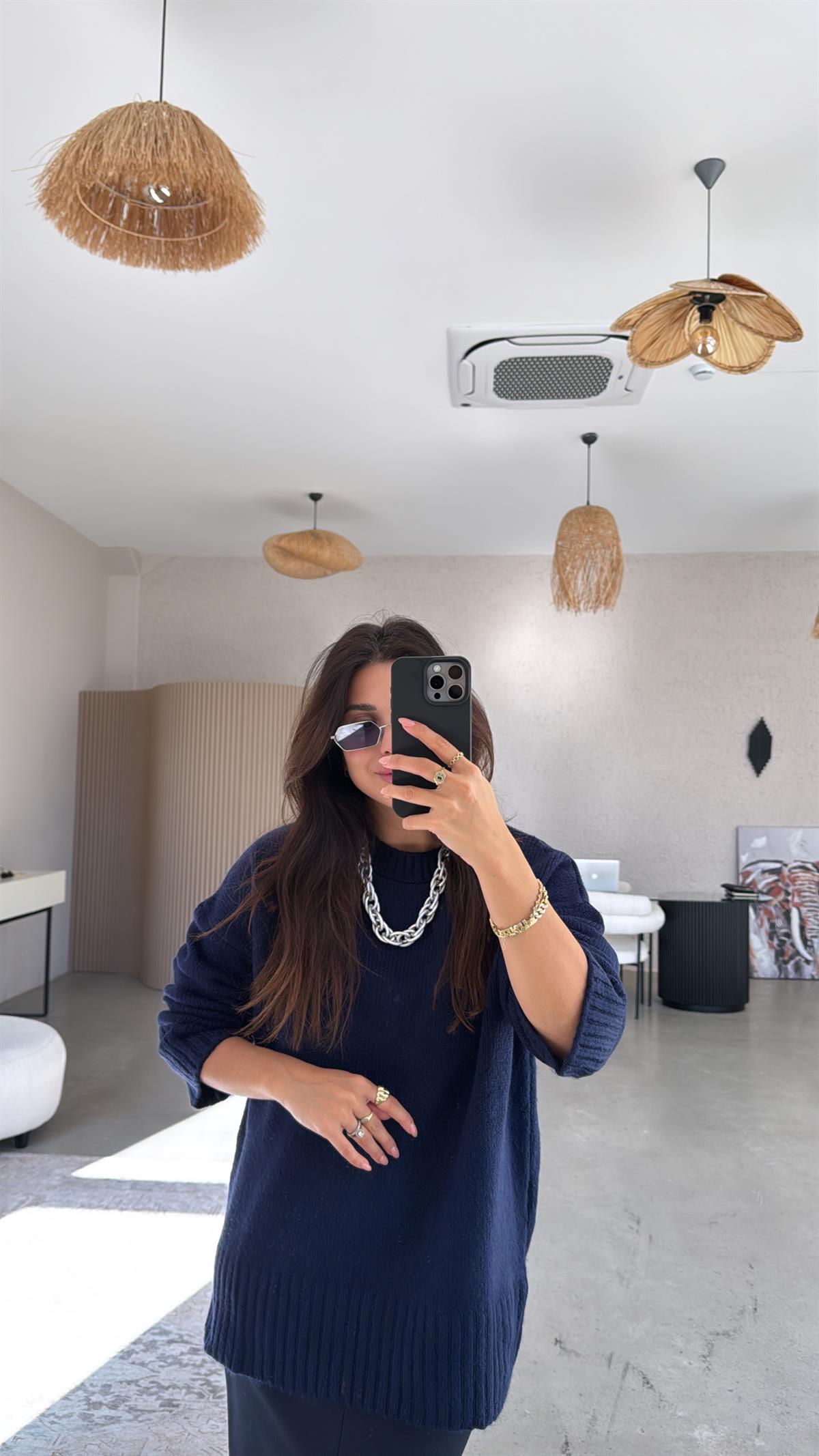 Lacivert Yumoş Bisiklet Yaka Basic Kazak