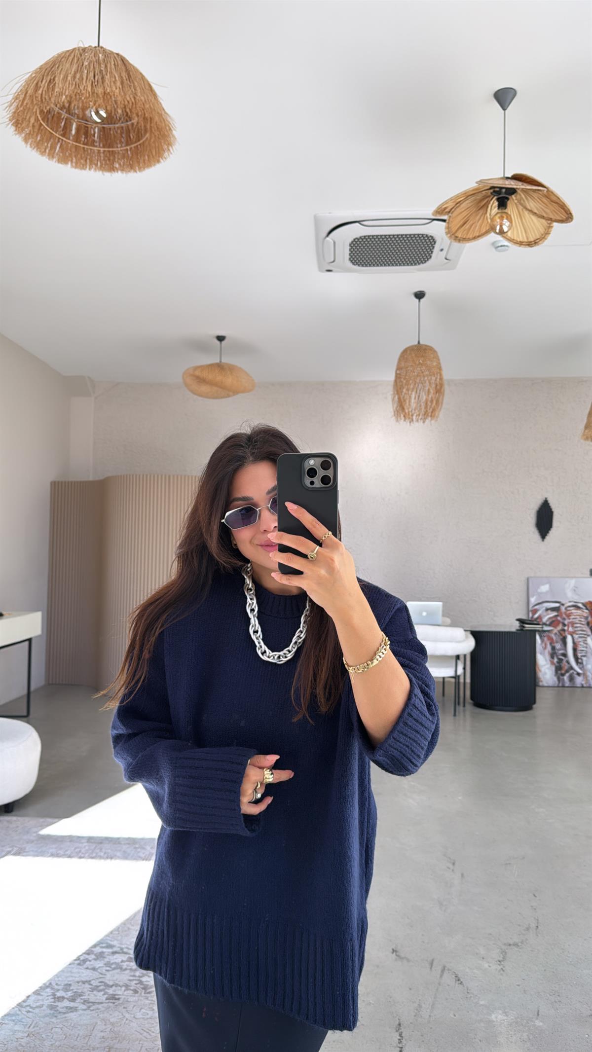 Lacivert Yumoş Bisiklet Yaka Basic Kazak