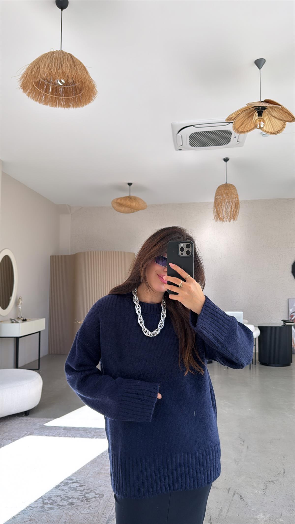 Lacivert Yumoş Bisiklet Yaka Basic Kazak