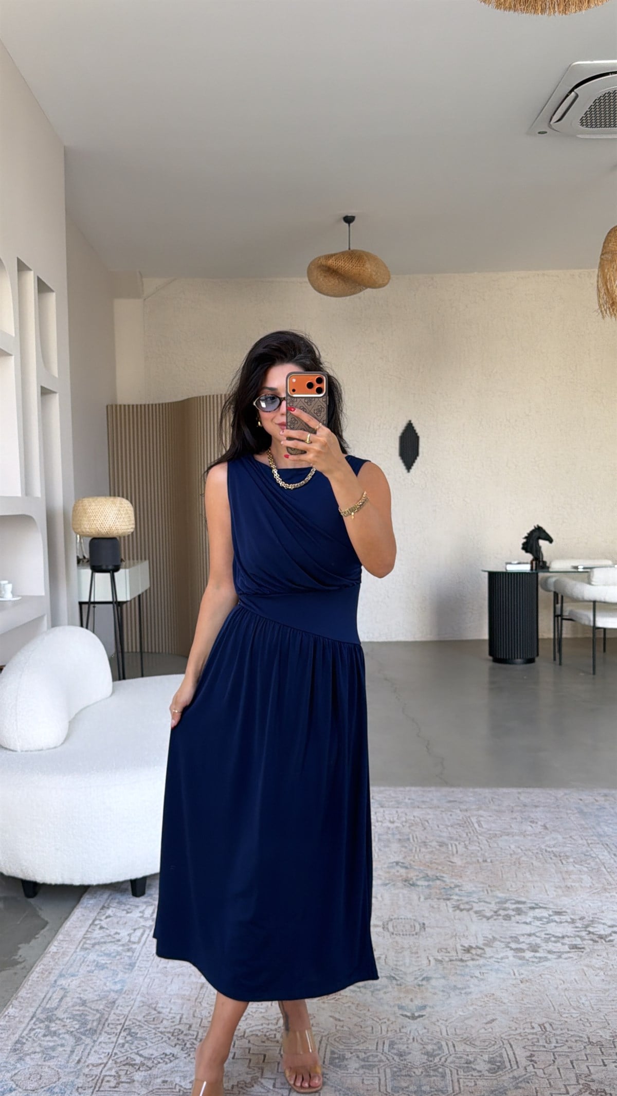 Lacivert ZR Model Drape Detaylı Midi Elbise