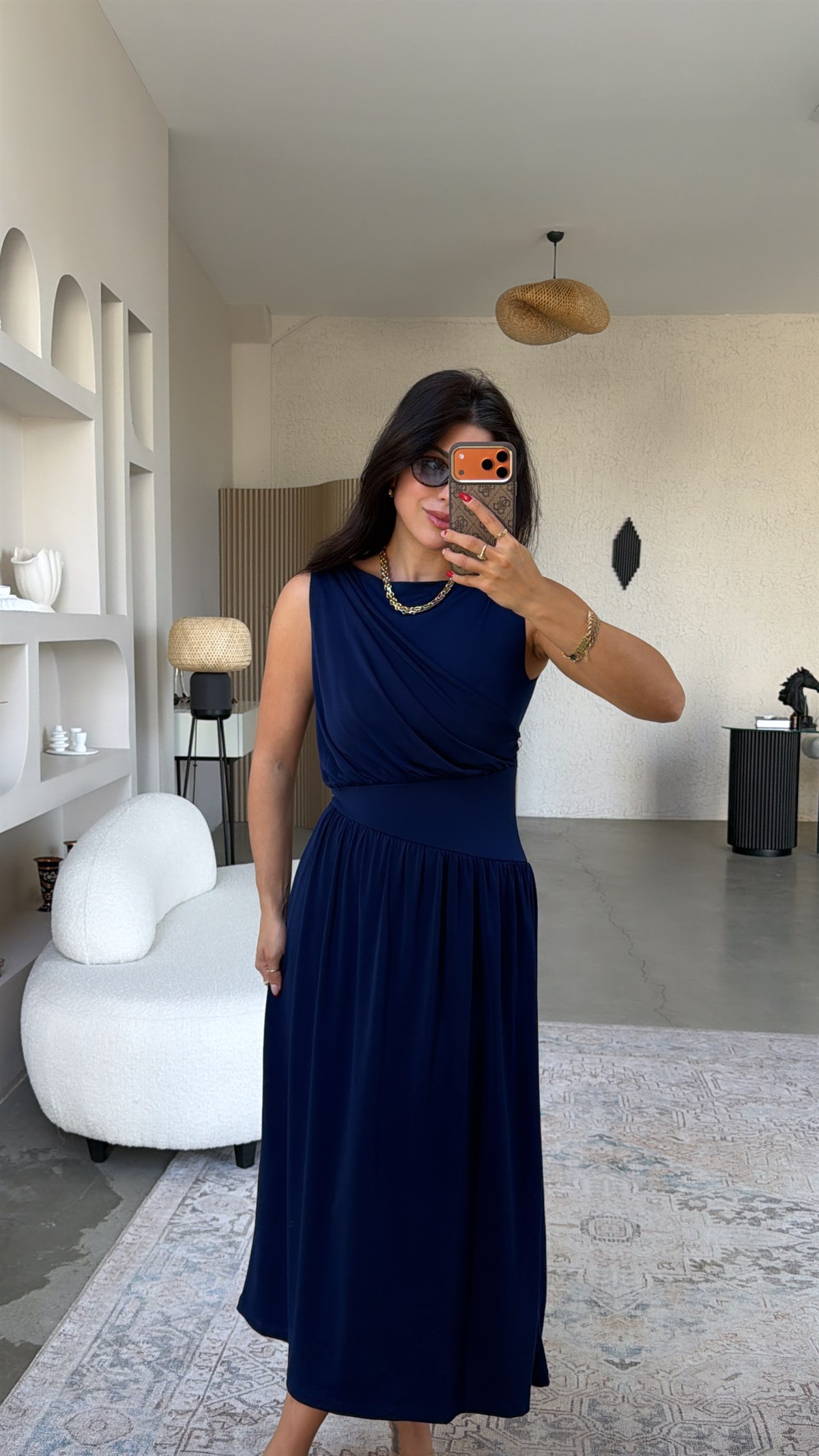 Lacivert ZR Model Drape Detaylı Midi Elbise