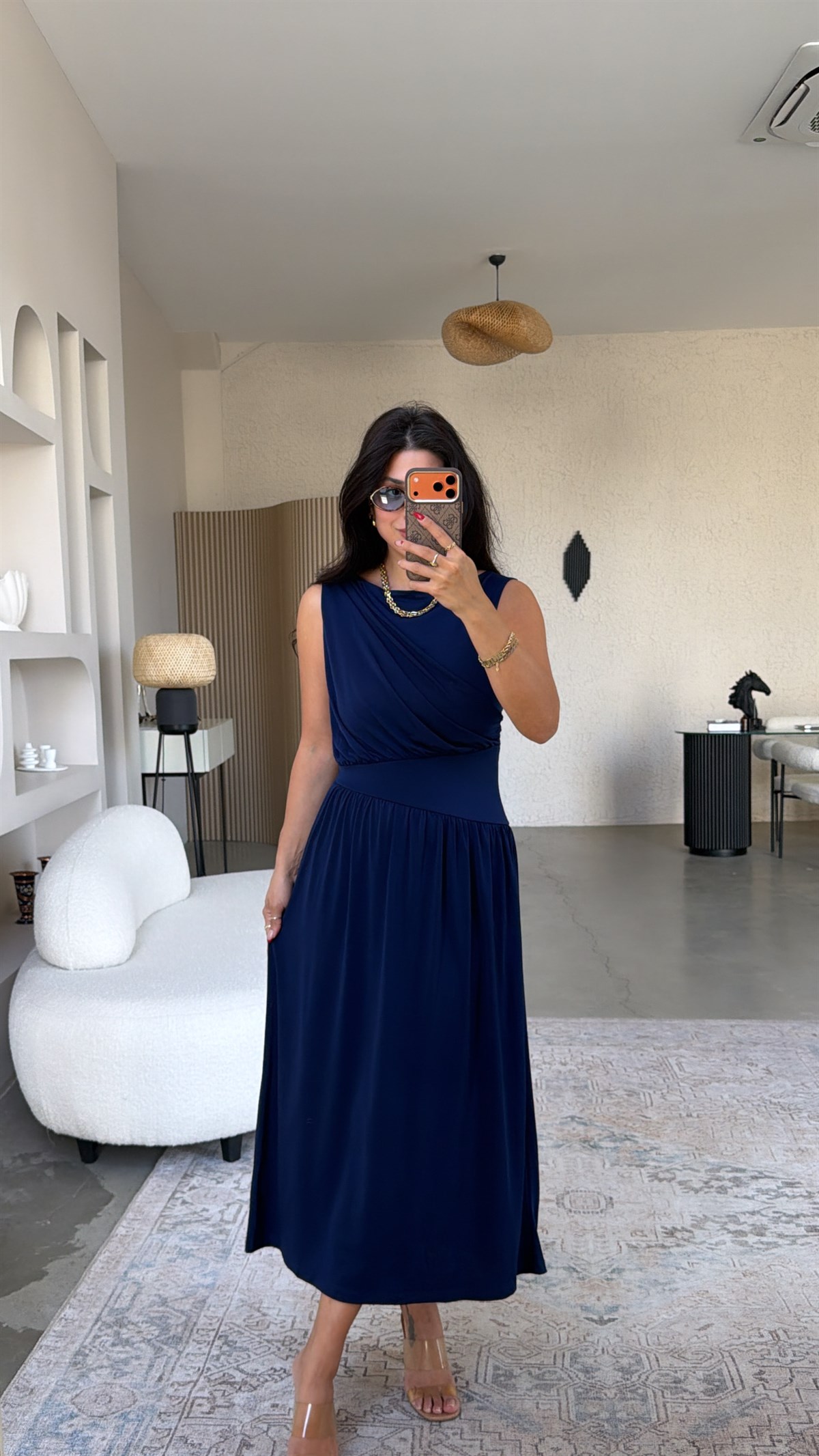 Lacivert ZR Model Drape Detaylı Midi Elbise