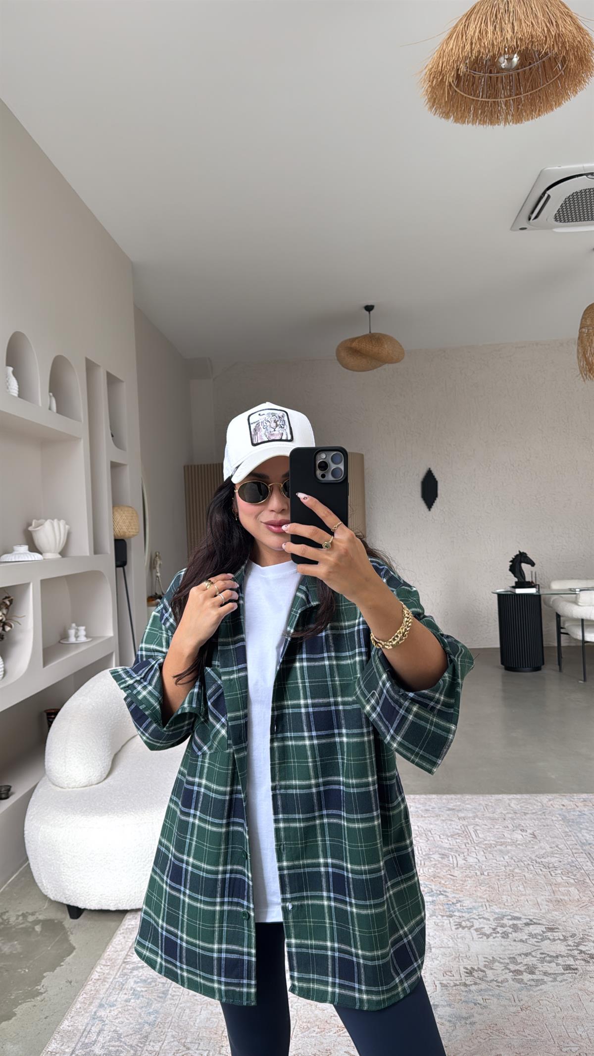 Lacivert Zümrüt Ekose Pamuklu Gömlek