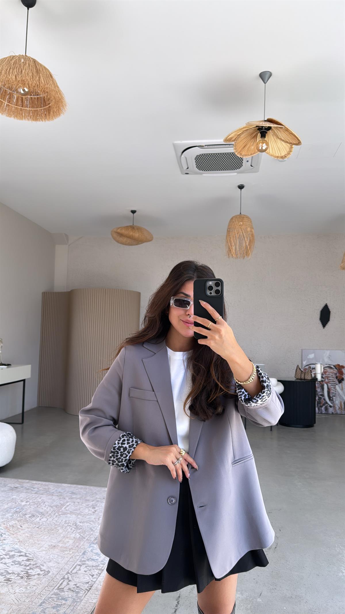 Leopar Astarlı Klasik Gri Ceket