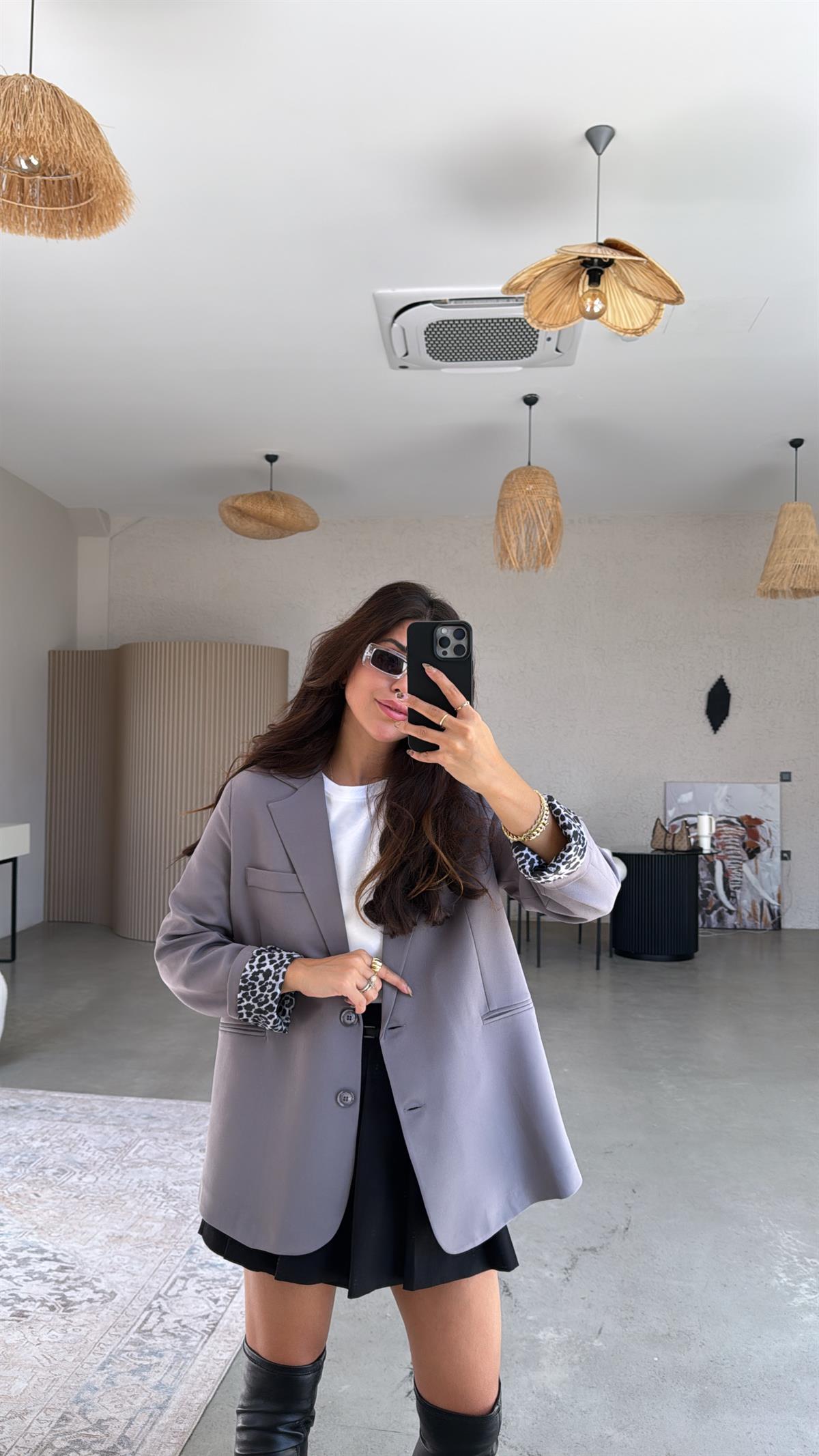Leopar Astarlı Klasik Gri Ceket