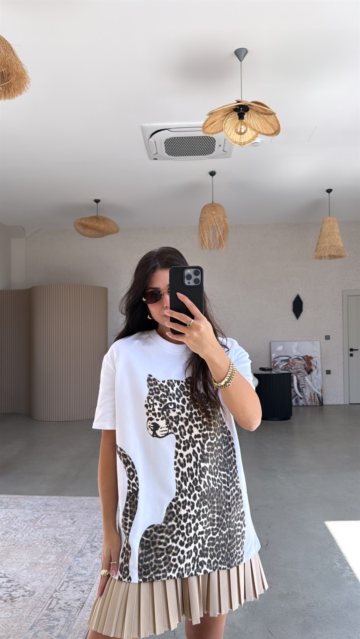 Leopar Baskılı Pamuklu Uzun Tshirt