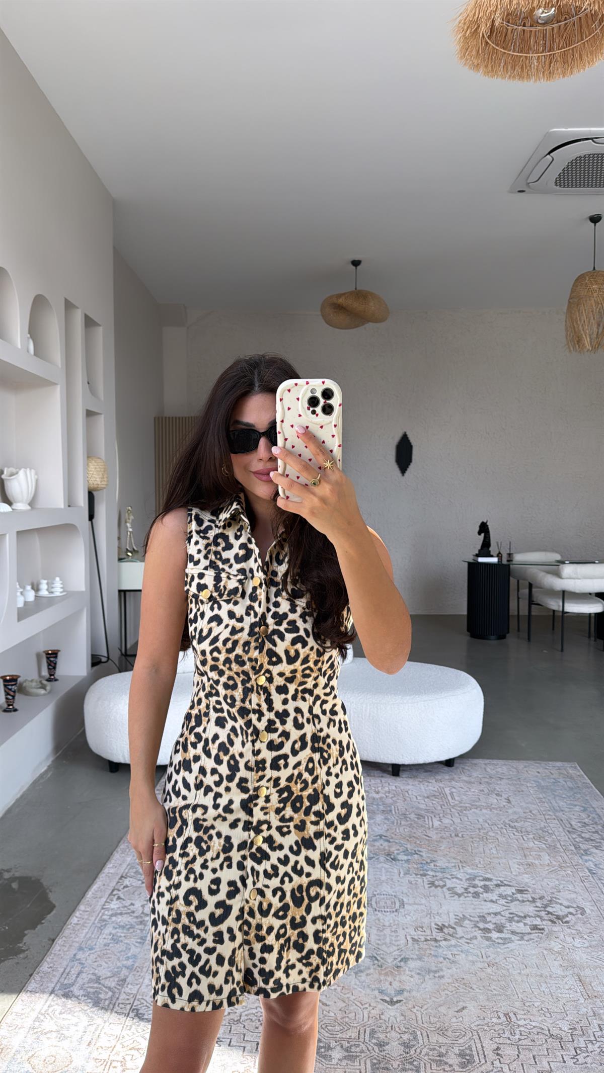 Leopar Denim Yakalı Elbise
