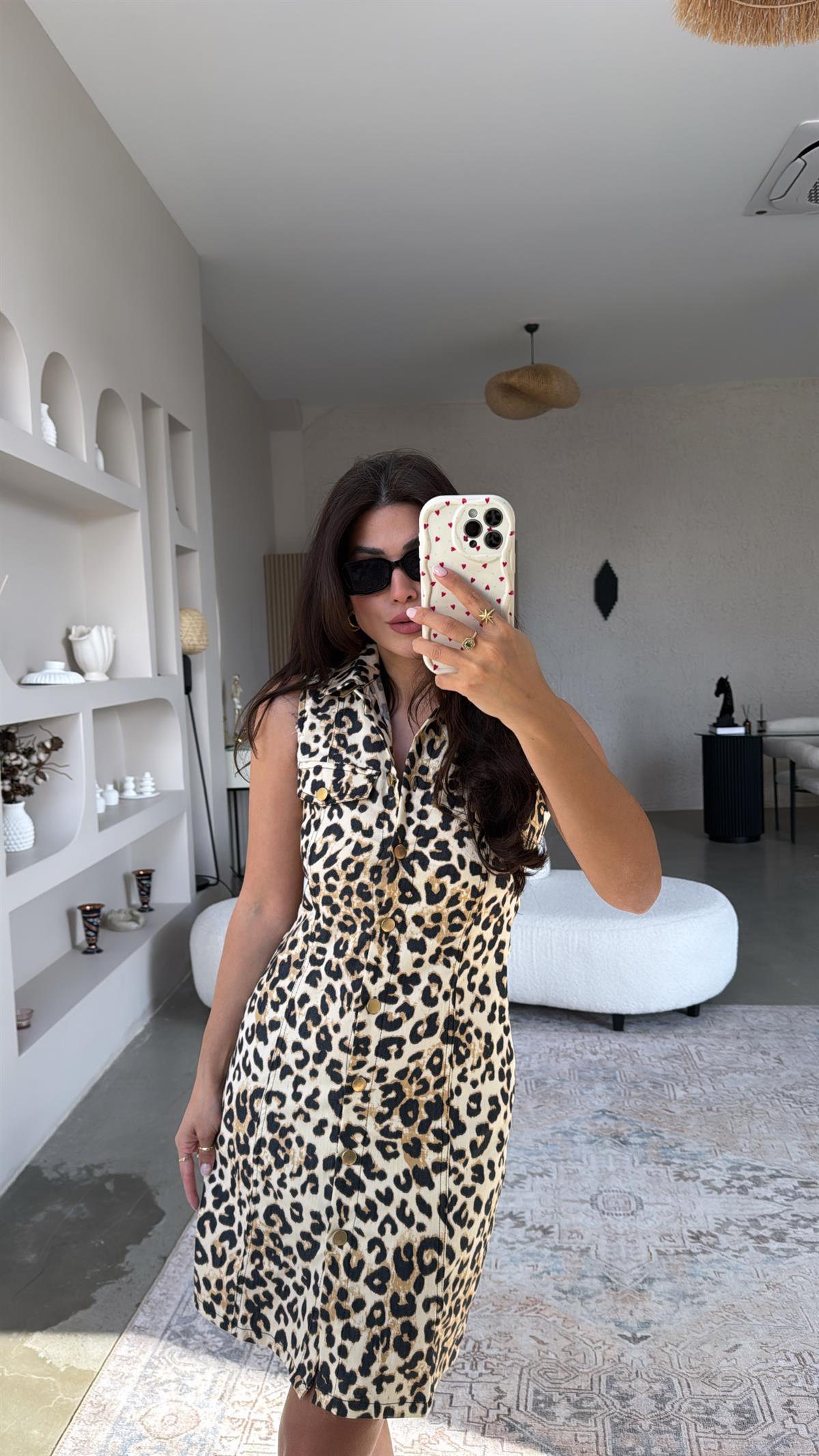 Leopar Denim Yakalı Elbise