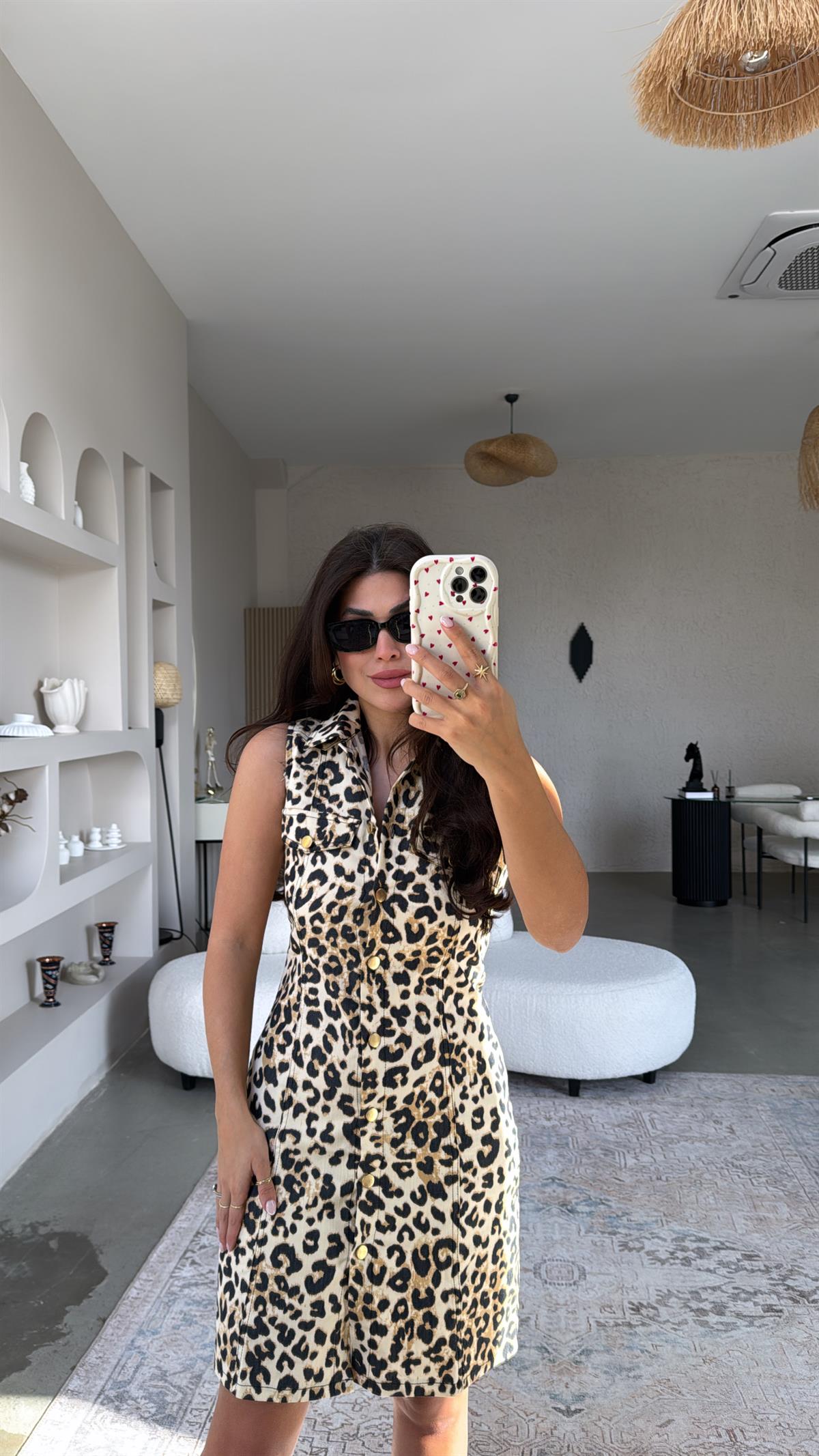 Leopar Denim Yakalı Elbise