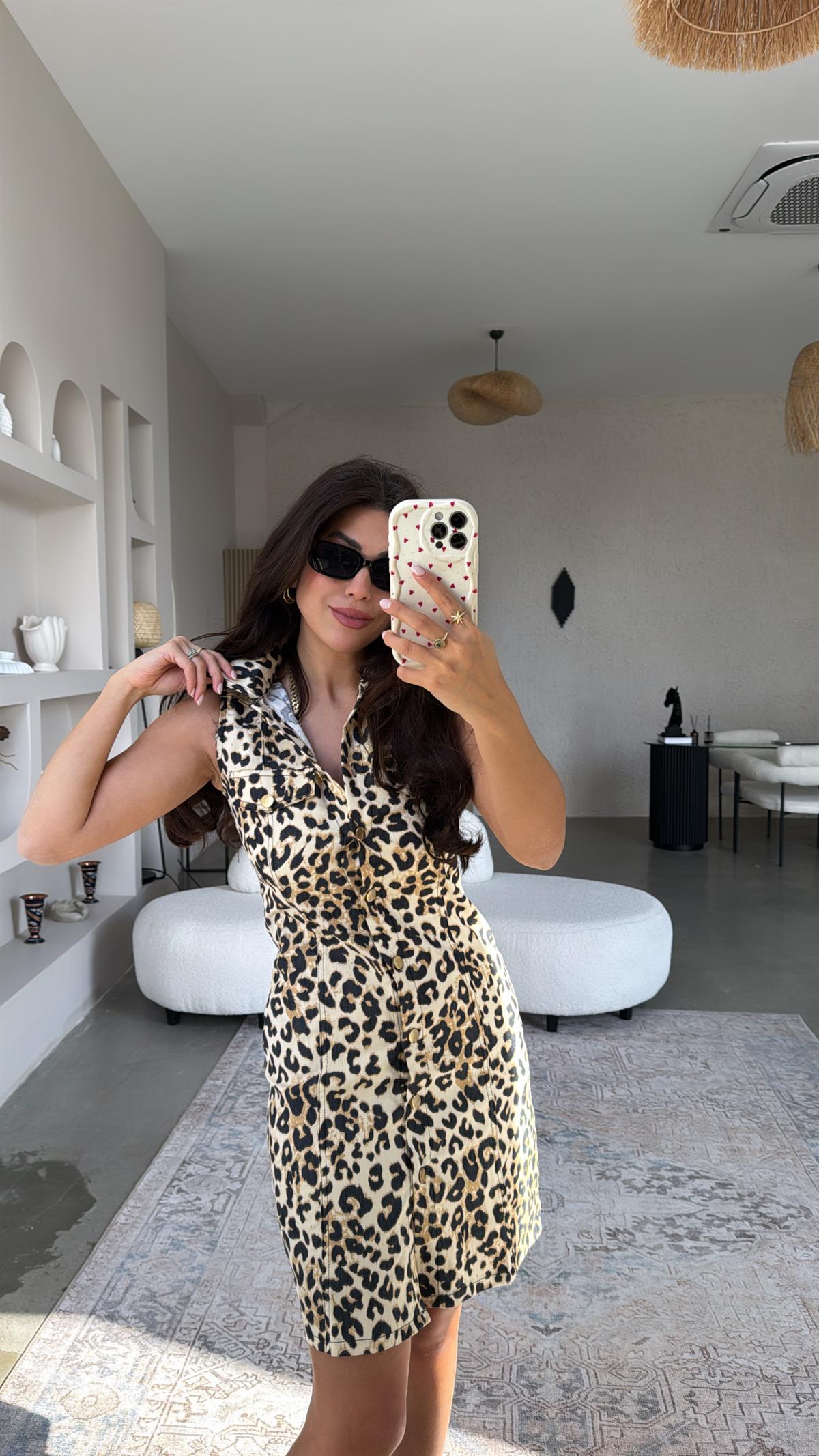Leopar Denim Yakalı Elbise