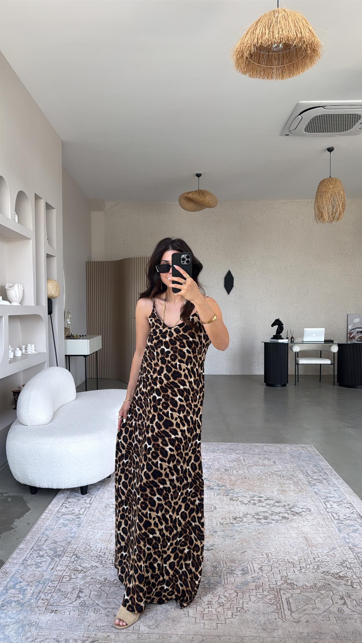 Leopar Desenli Askılı Viskon Elbise