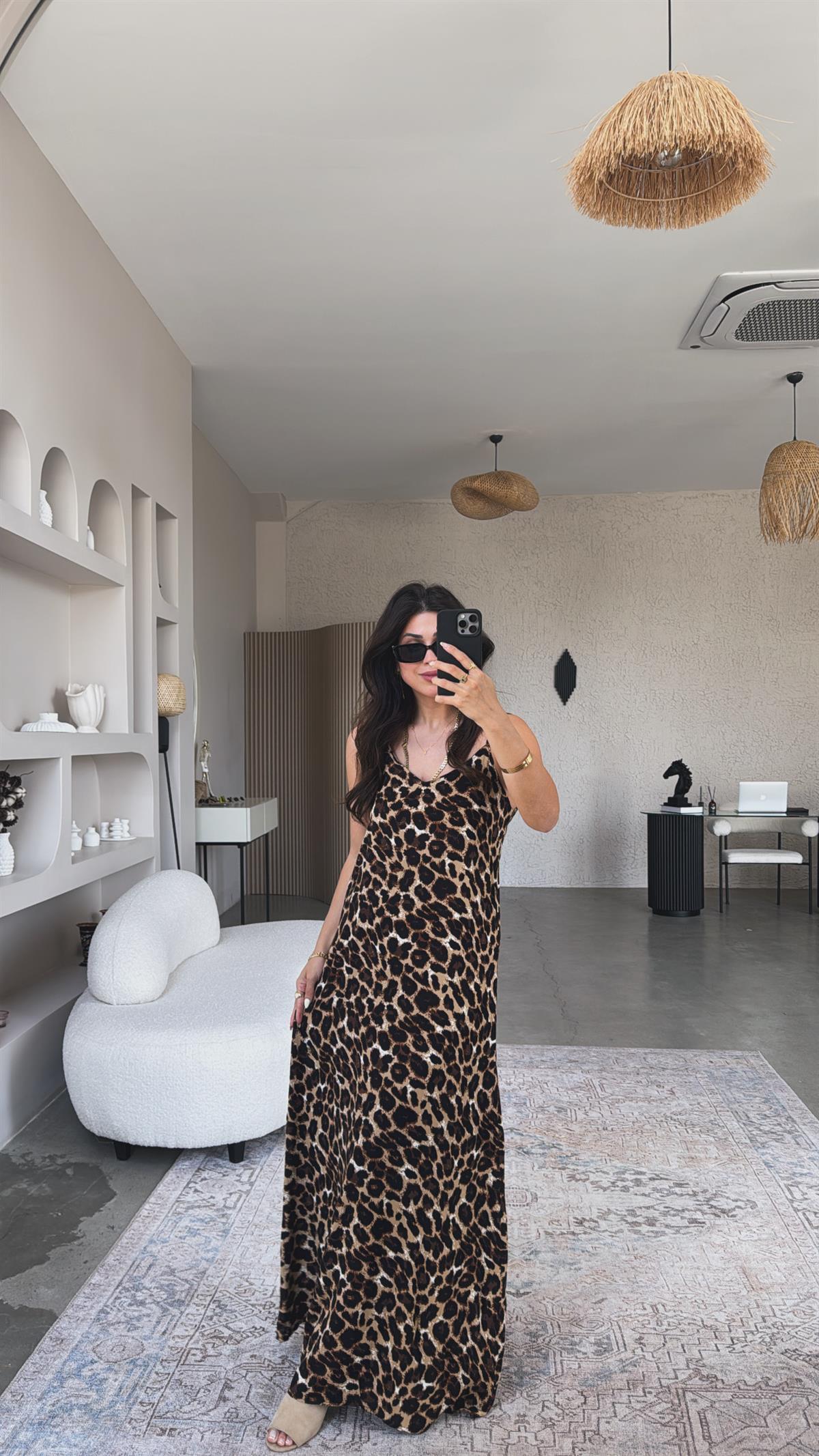 Leopar Desenli Askılı Viskon Elbise