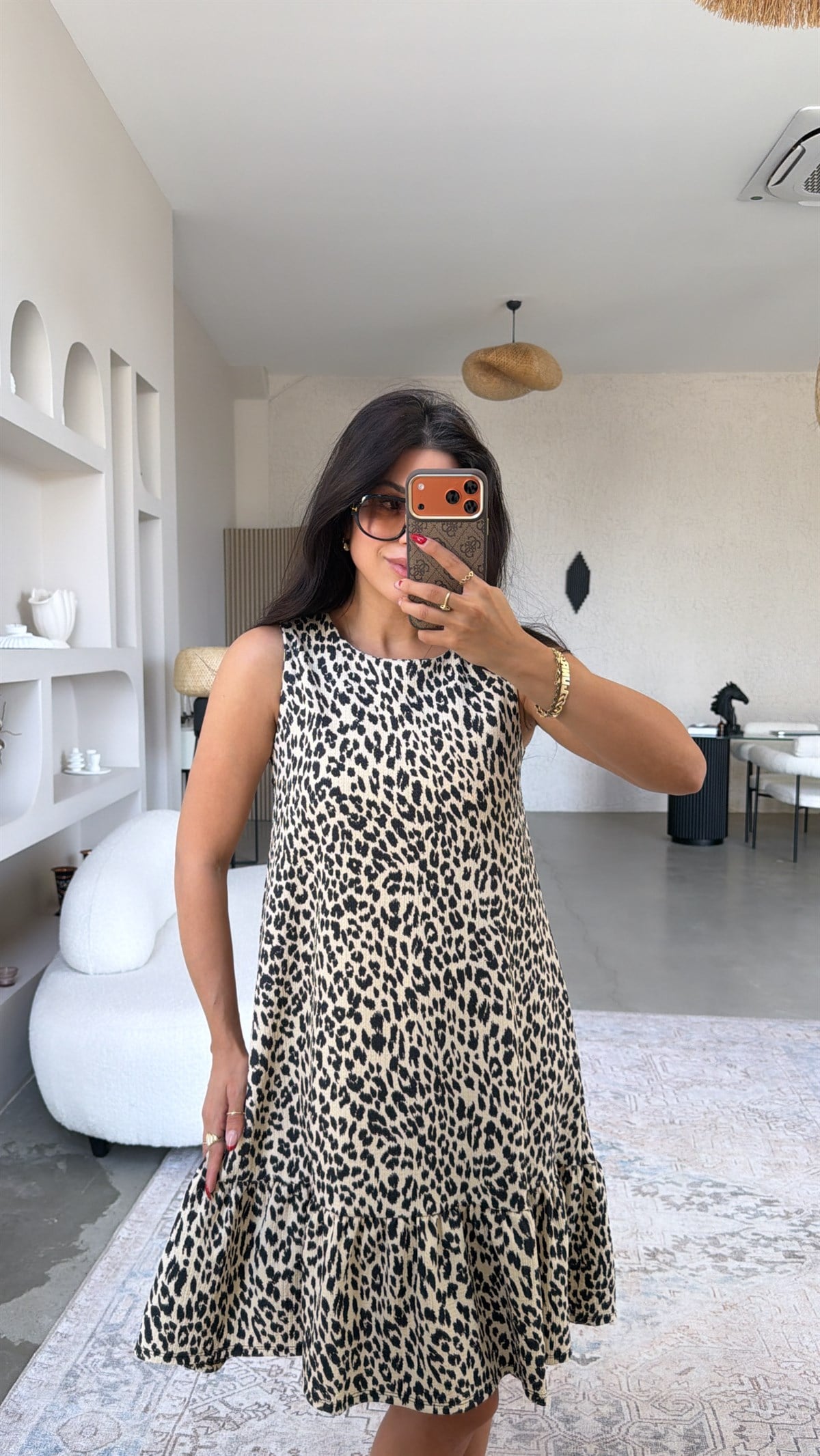 Leopar Desenli Eteği Fırfırlı Bürümcük Elbise