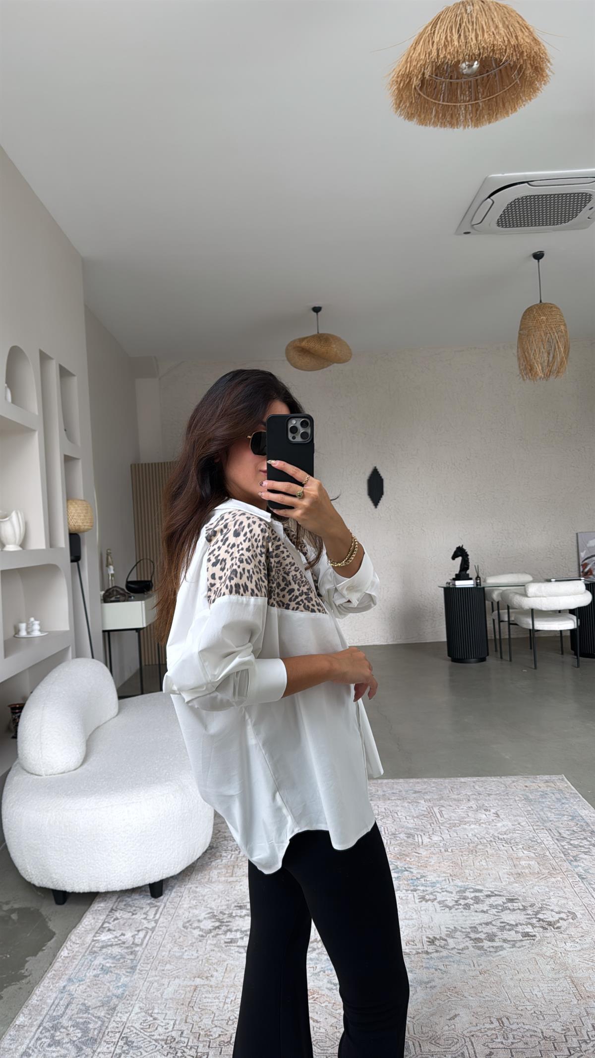 Leopar Detaylı Premium Poplin Gömlek
