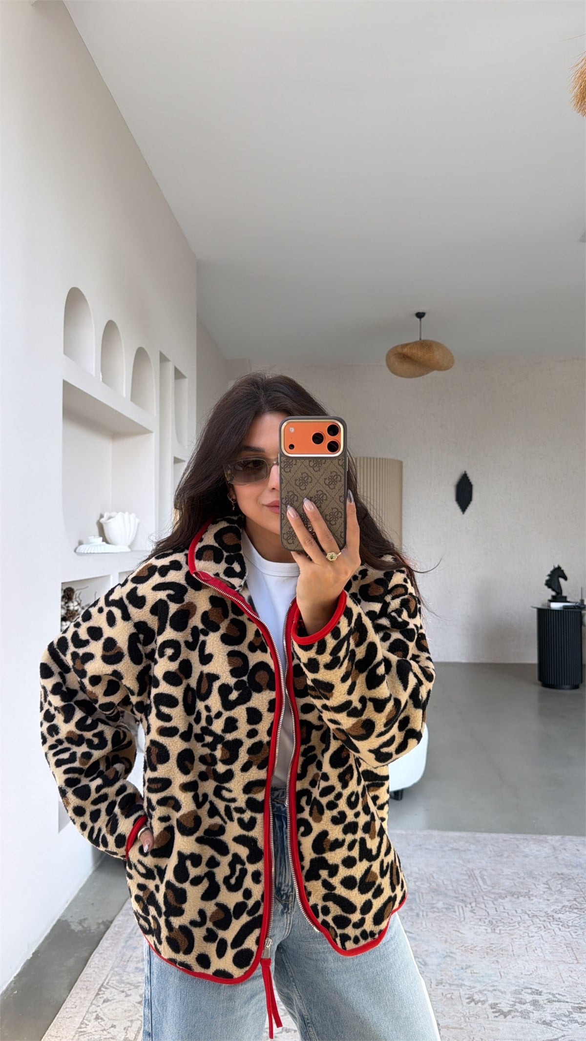 Leopar Kırmızı Biyeli Polar Ceket