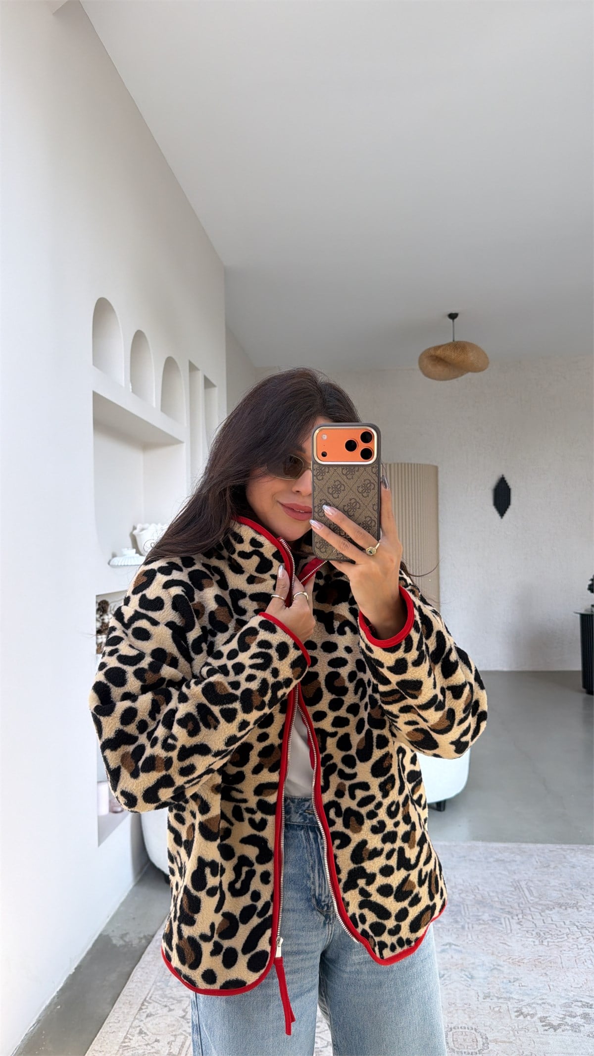 Leopar Kırmızı Biyeli Polar Ceket