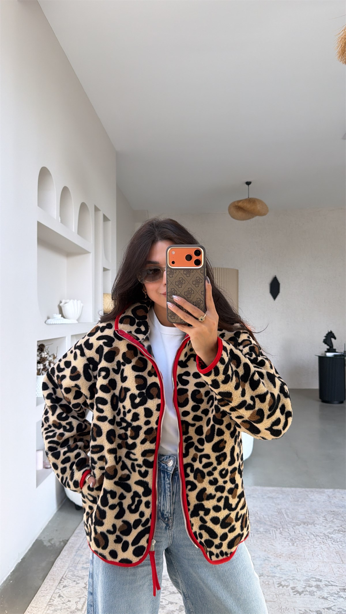 Leopar Kırmızı Biyeli Polar Ceket