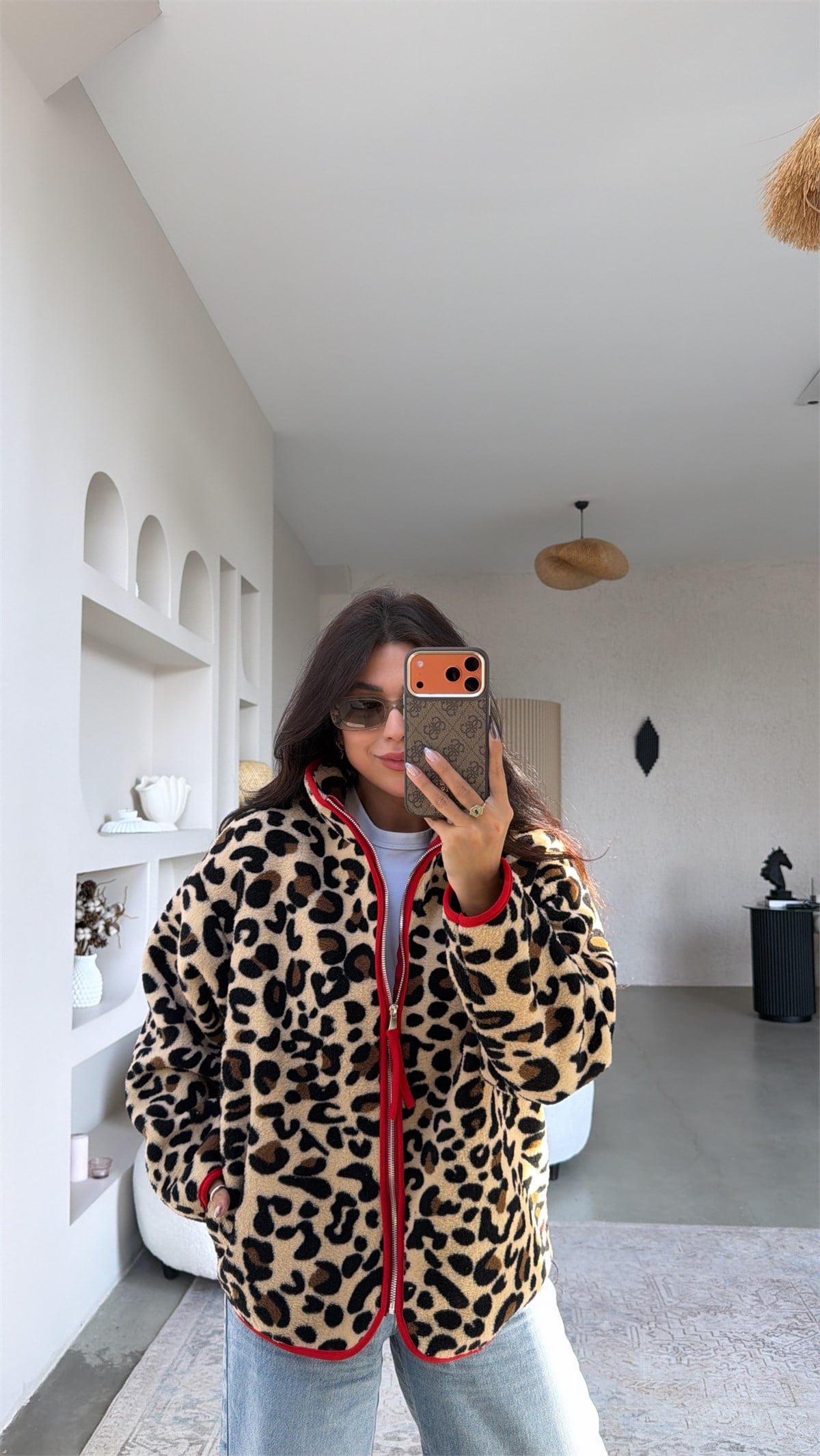 Leopar Kırmızı Biyeli Polar Ceket