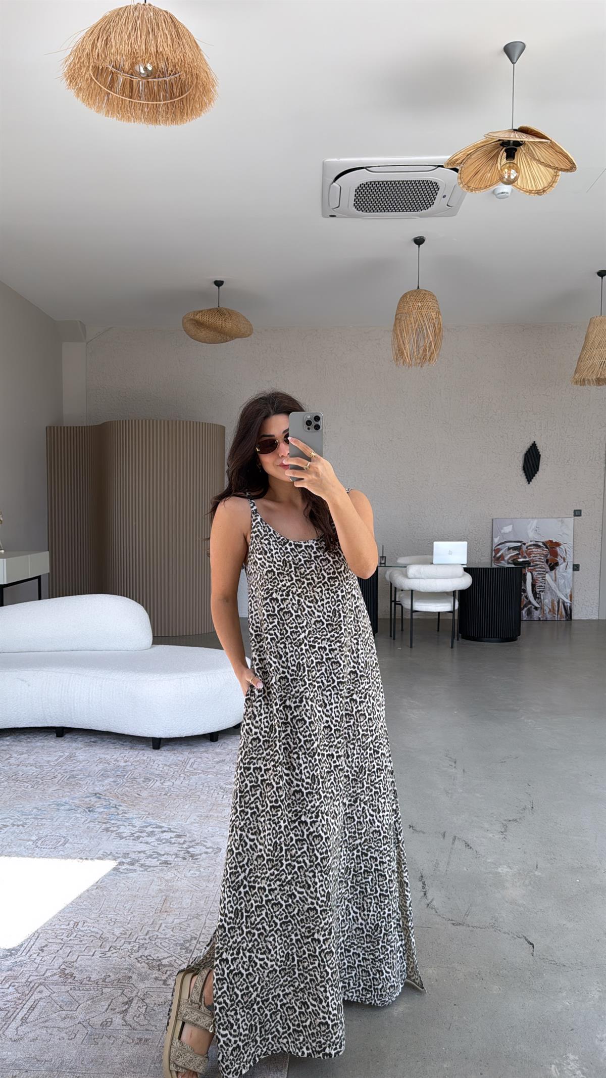 Leopar Yıkamalı Keten Maxi Elbise