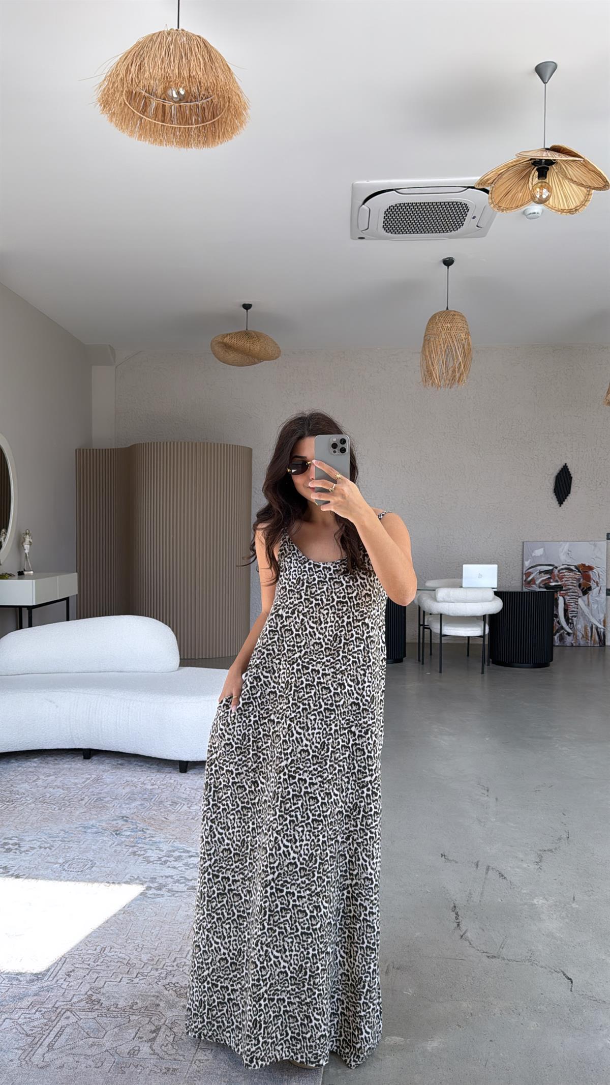 Leopar Yıkamalı Keten Maxi Elbise
